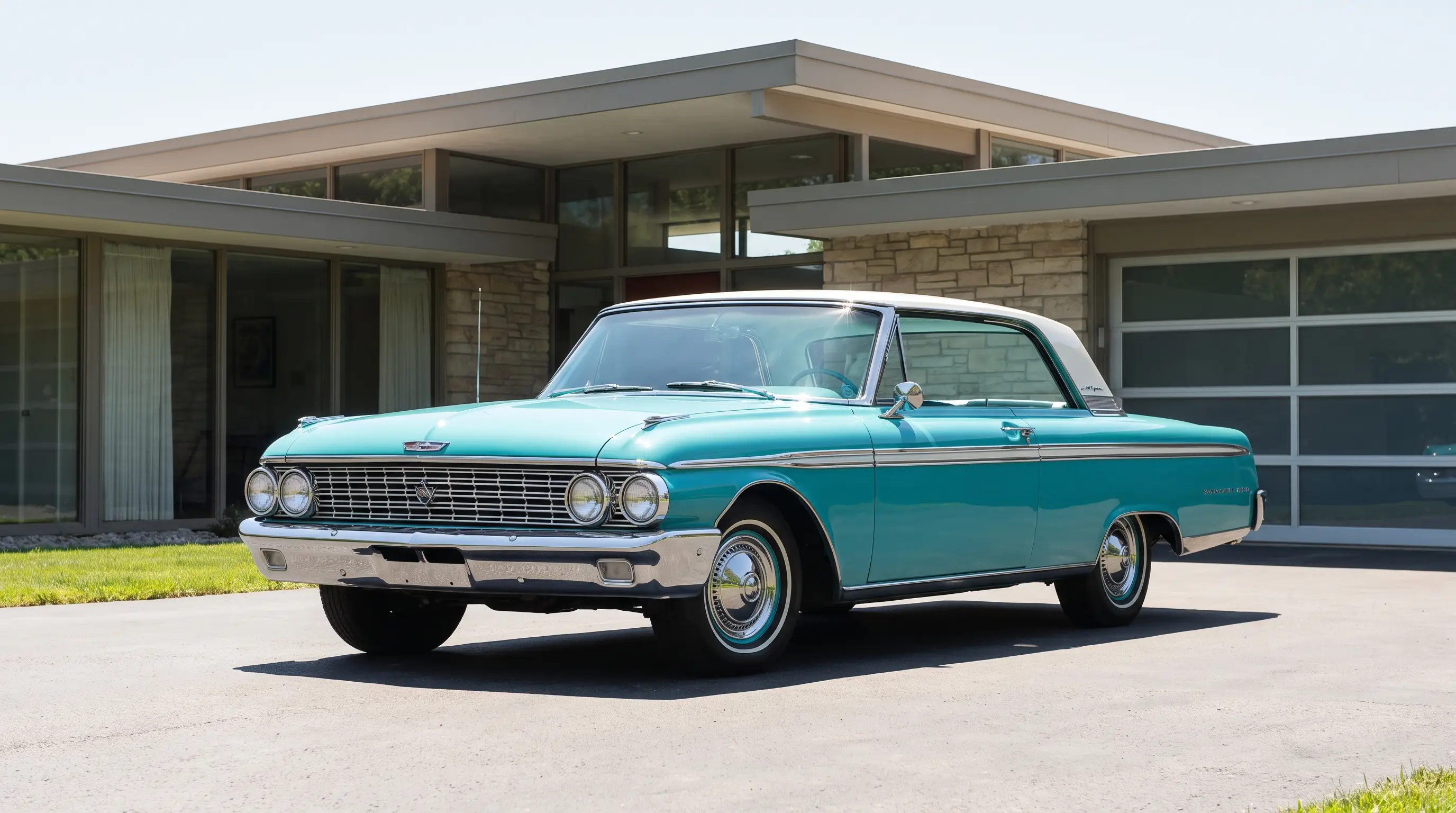 White and turquoise 1962 Ford Galaxie with formal roofline in front of a mid-century building
