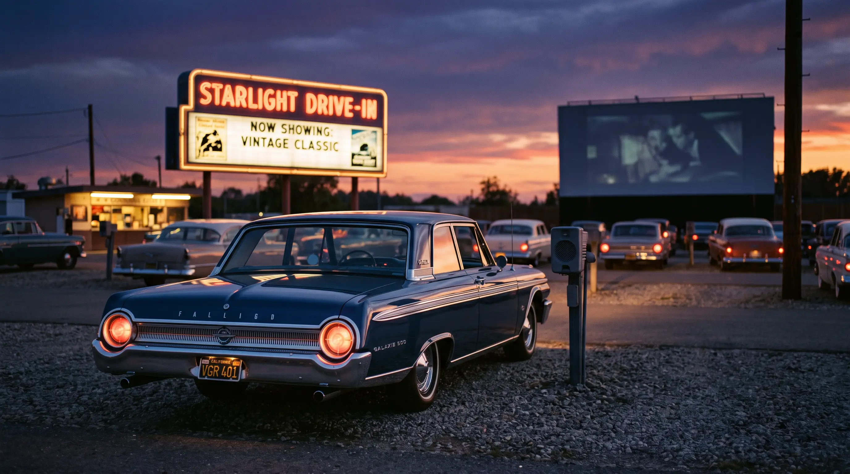 1962 Ford Galaxie parked at a vintage drive in theater under a glowing neon marquee at dusk