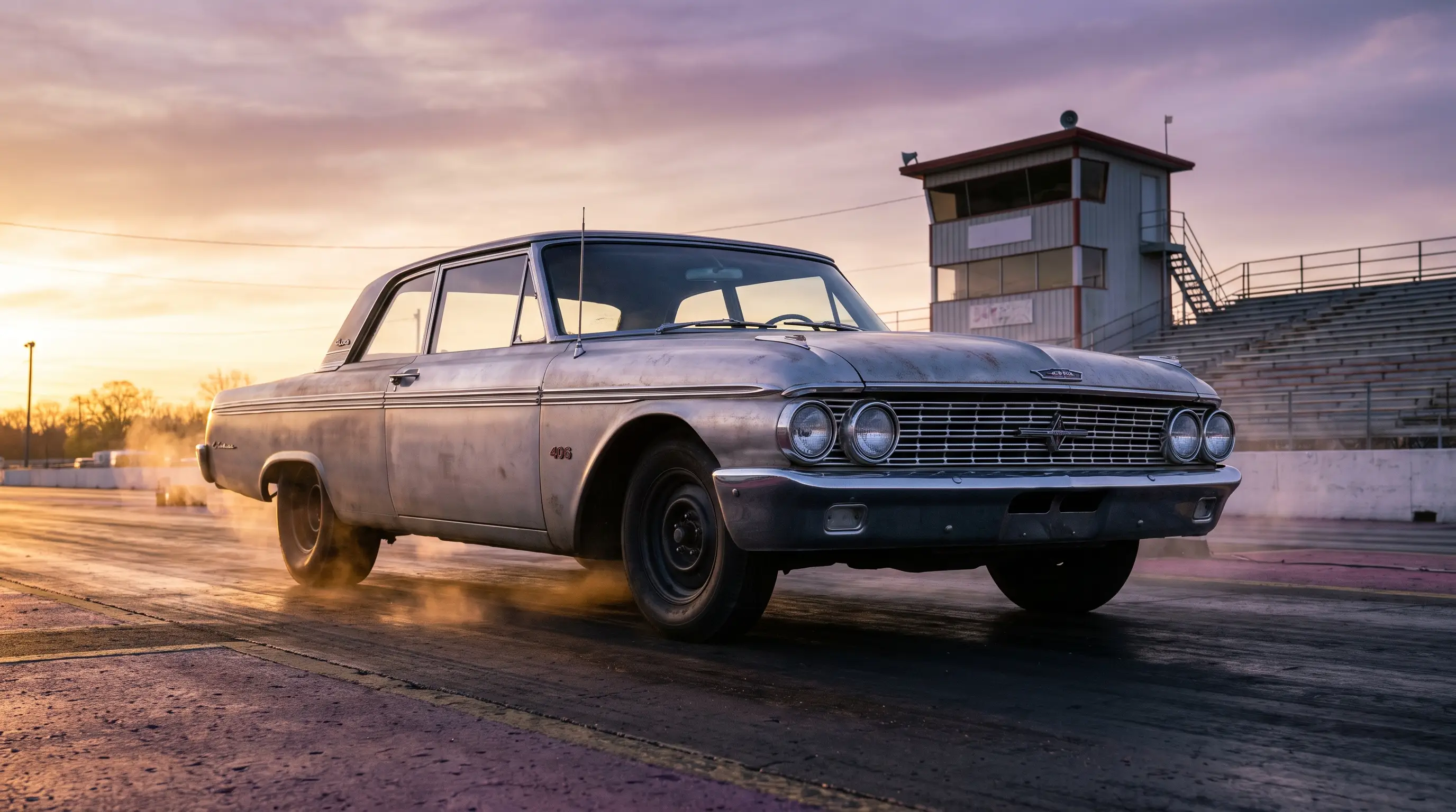 Lightweight 1962 Ford Galaxie 406 staged at a vintage drag strip at dawn
