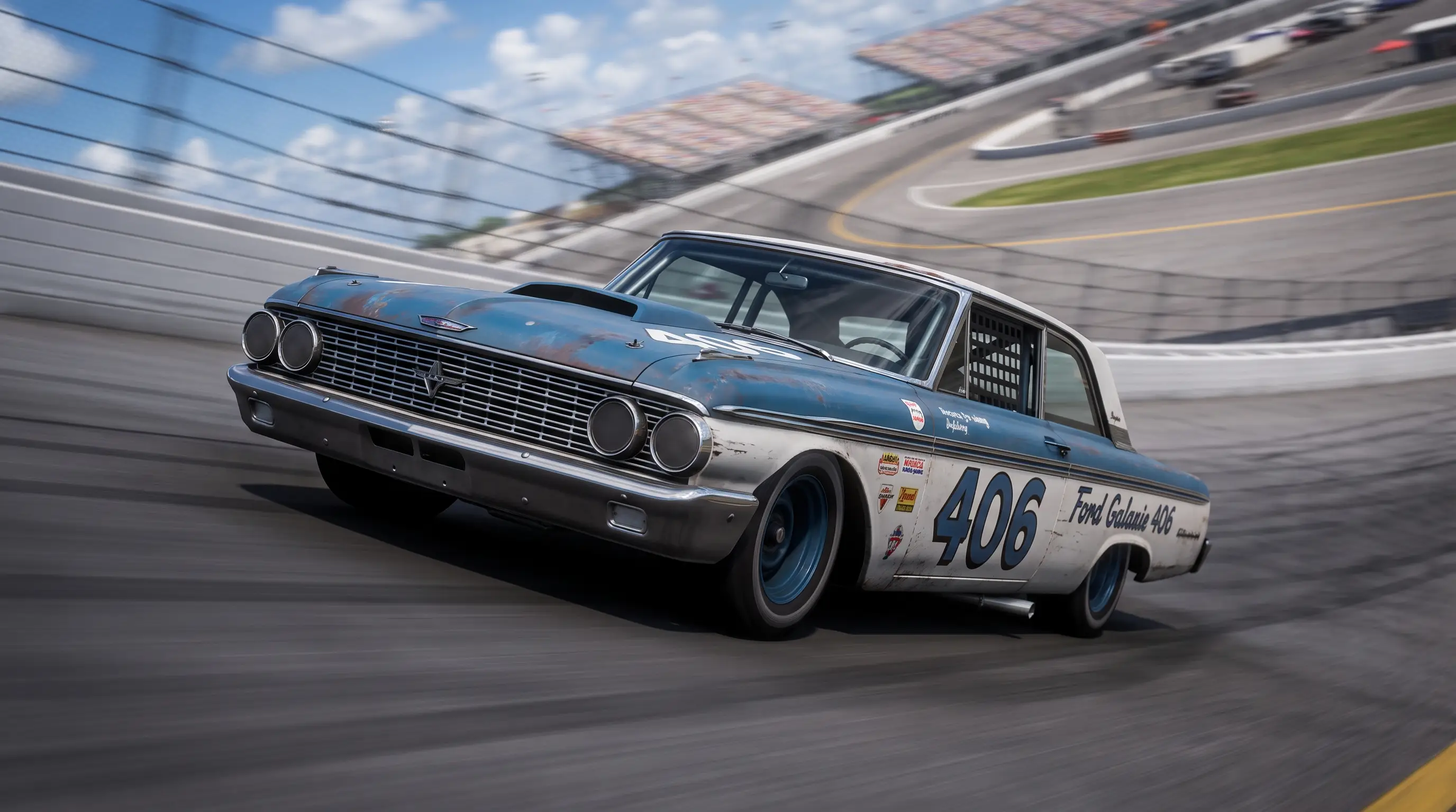 1962 Ford Galaxie 406 stock car racing on a banked superspeedway