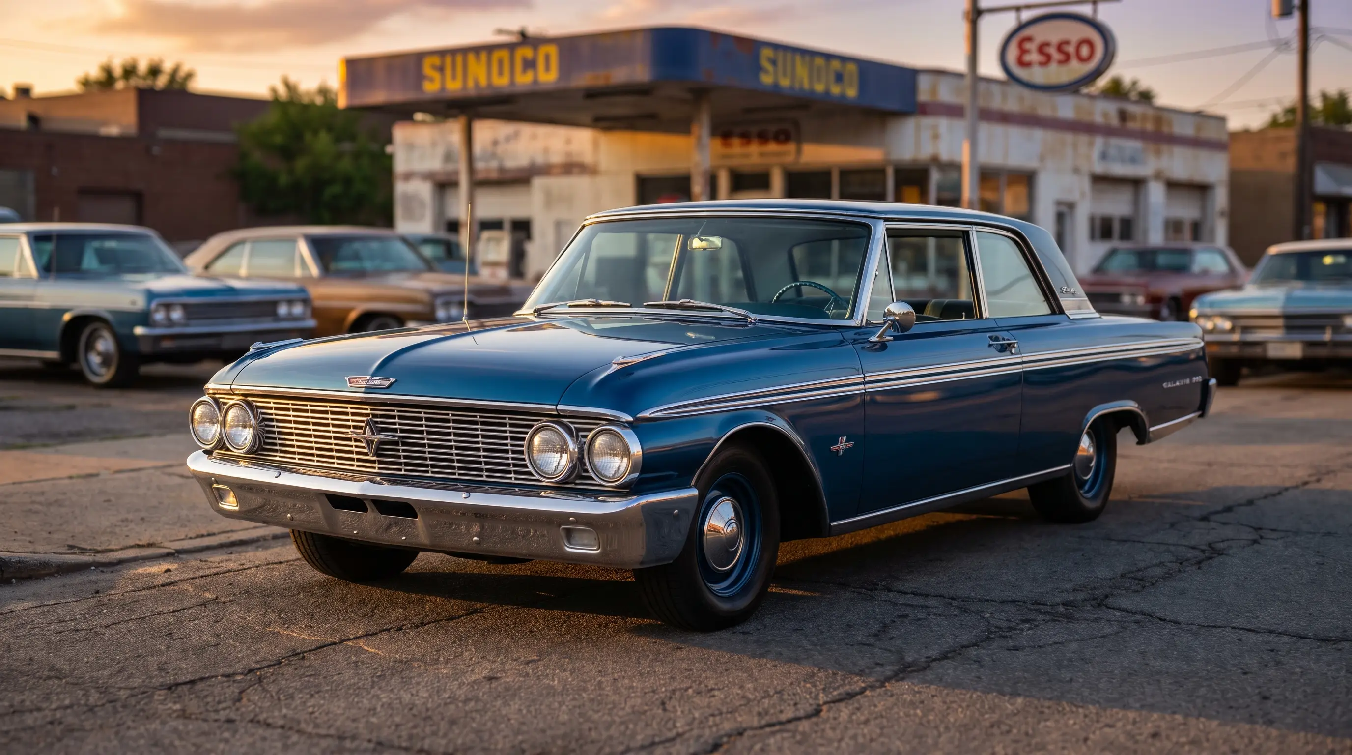 Restored 1962 Ford Galaxie at a small town classic car club meet in golden light