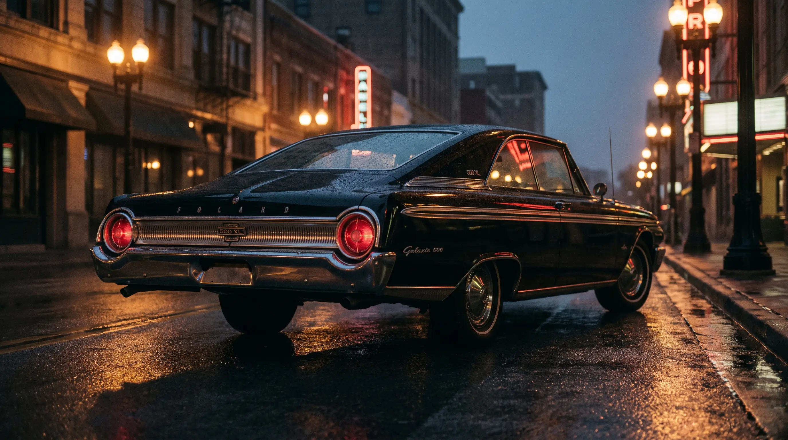 Black 1962 Ford Galaxie 500 XL fastback under streetlights at dusk