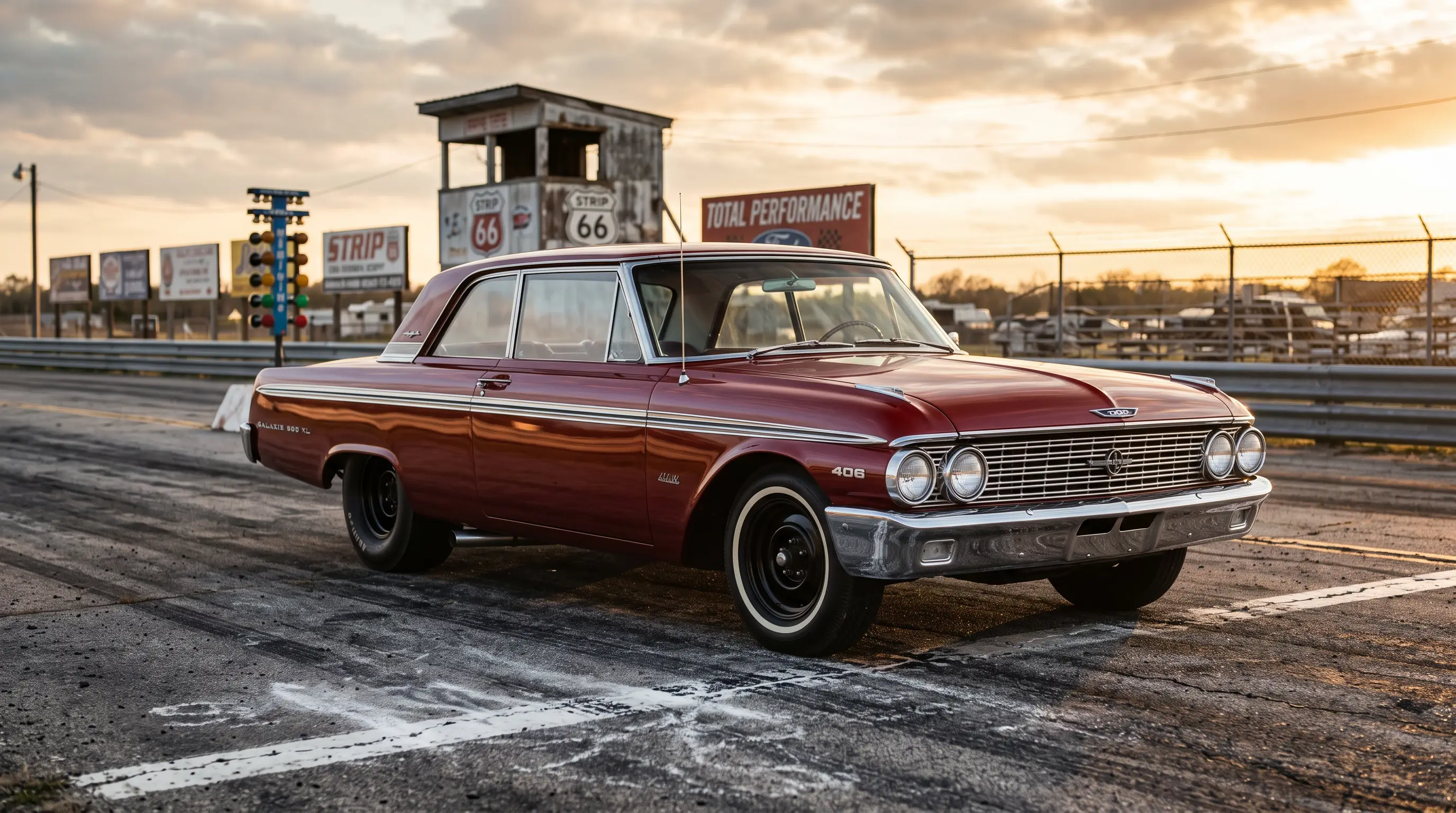 Deep red 1962 Ford Galaxie 500 XL 406 at a period drag strip starting line