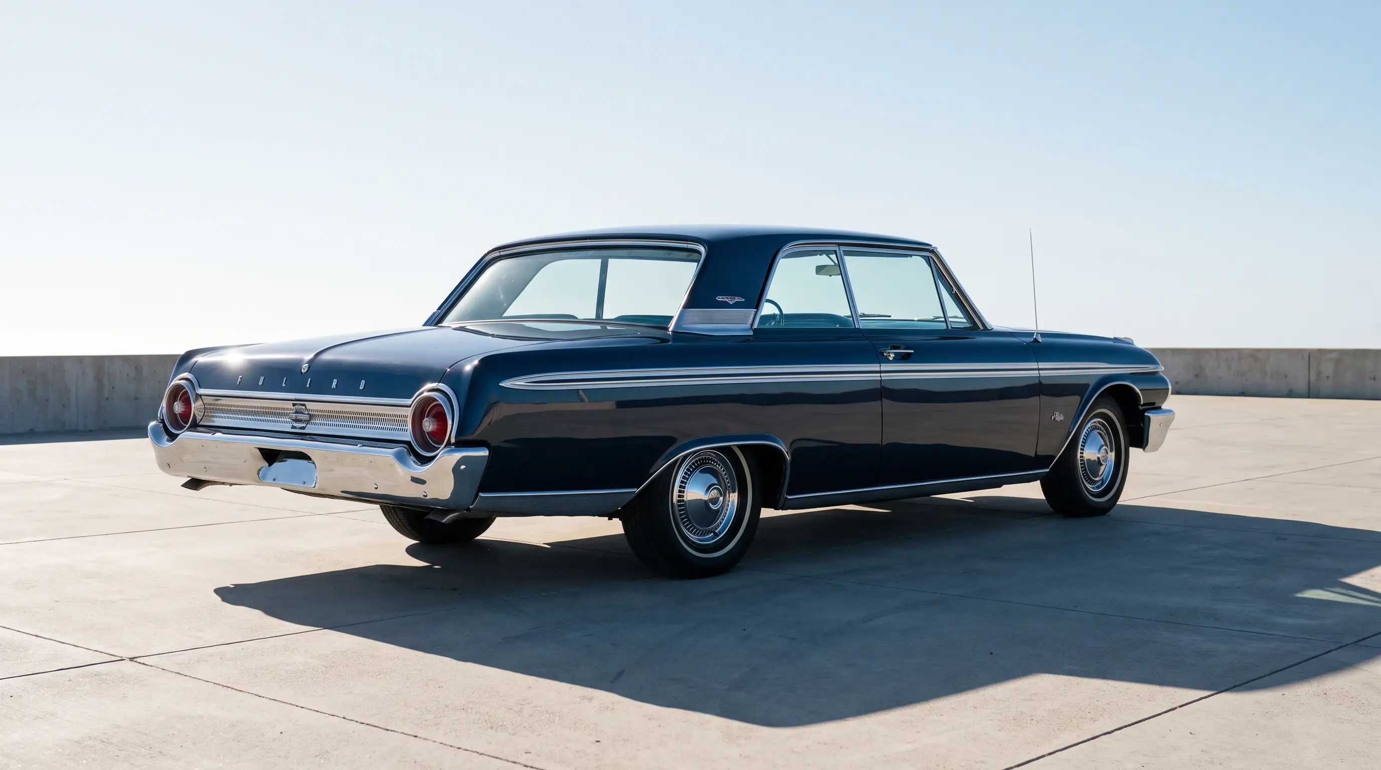 Clean 1962 Ford Galaxie with restrained chrome on a concrete plaza