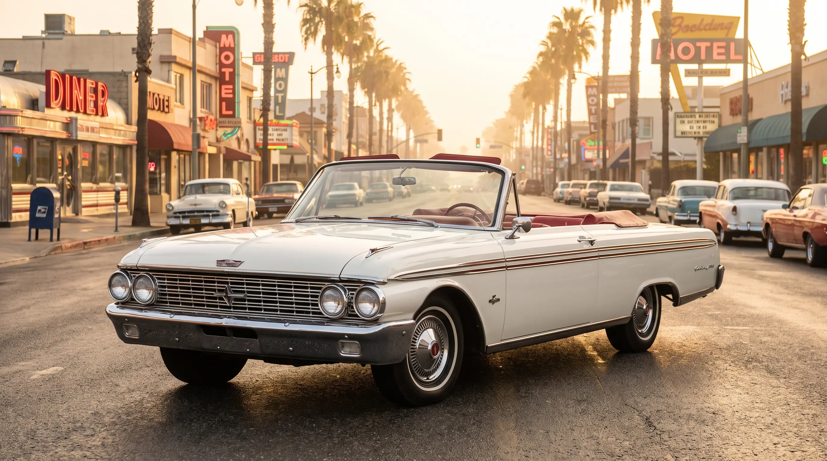 White 1962 Ford Galaxie 500 Sunliner convertible cruising a boulevard at golden hour