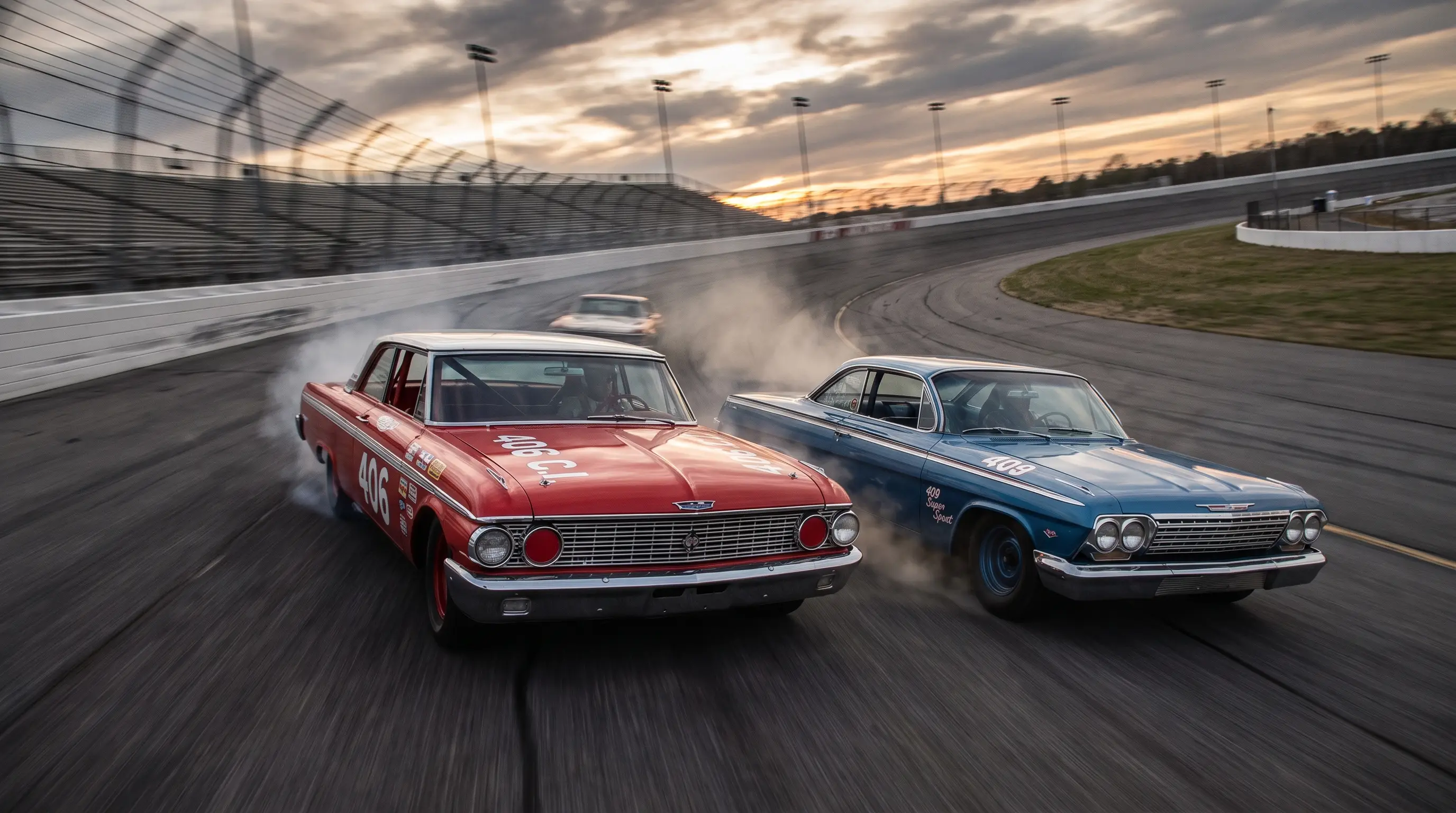 1962 Ford Galaxie 406 racing wheel to wheel with a Chevrolet Impala 409