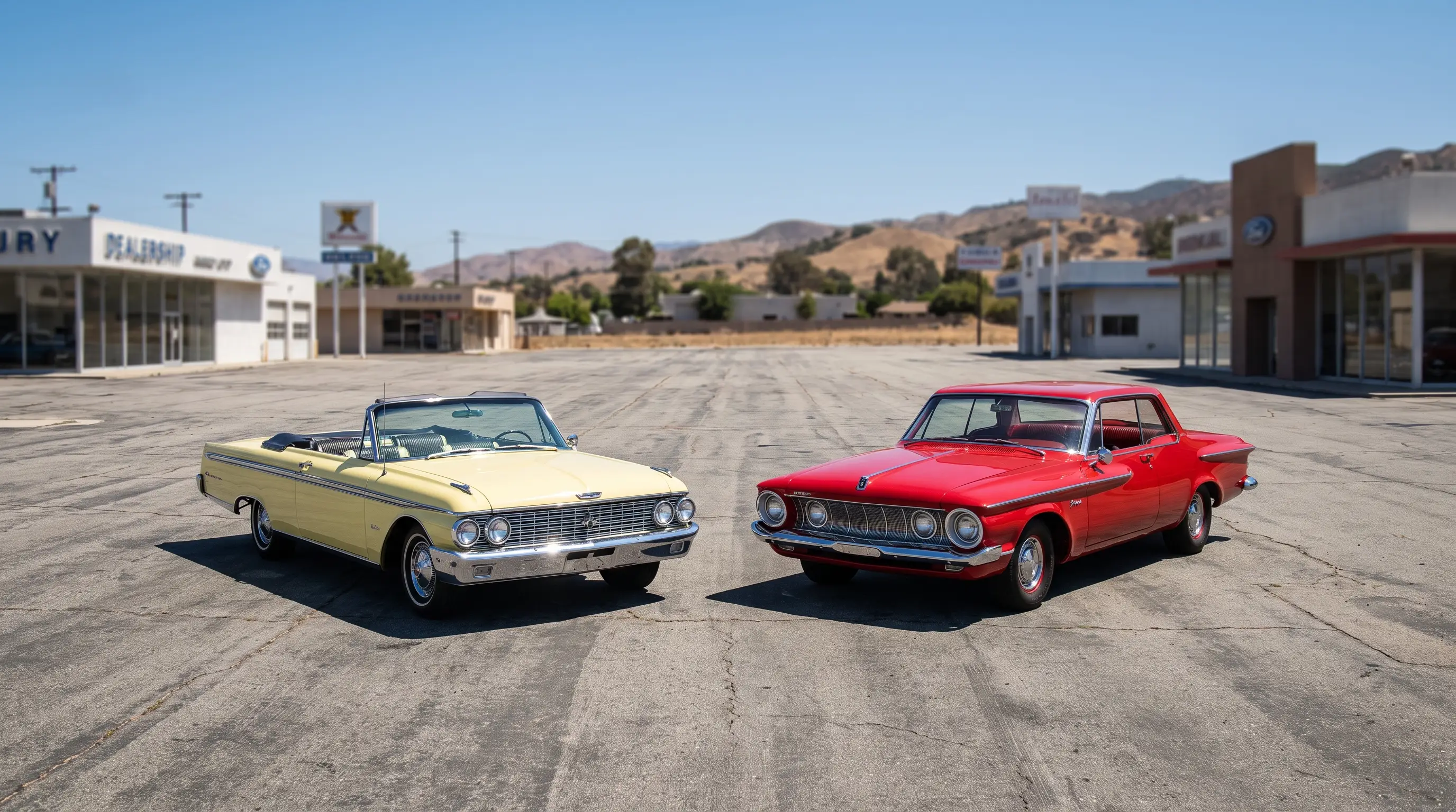 1962 Ford Galaxie parked beside a 1962 Plymouth Sport Fury under bright sun