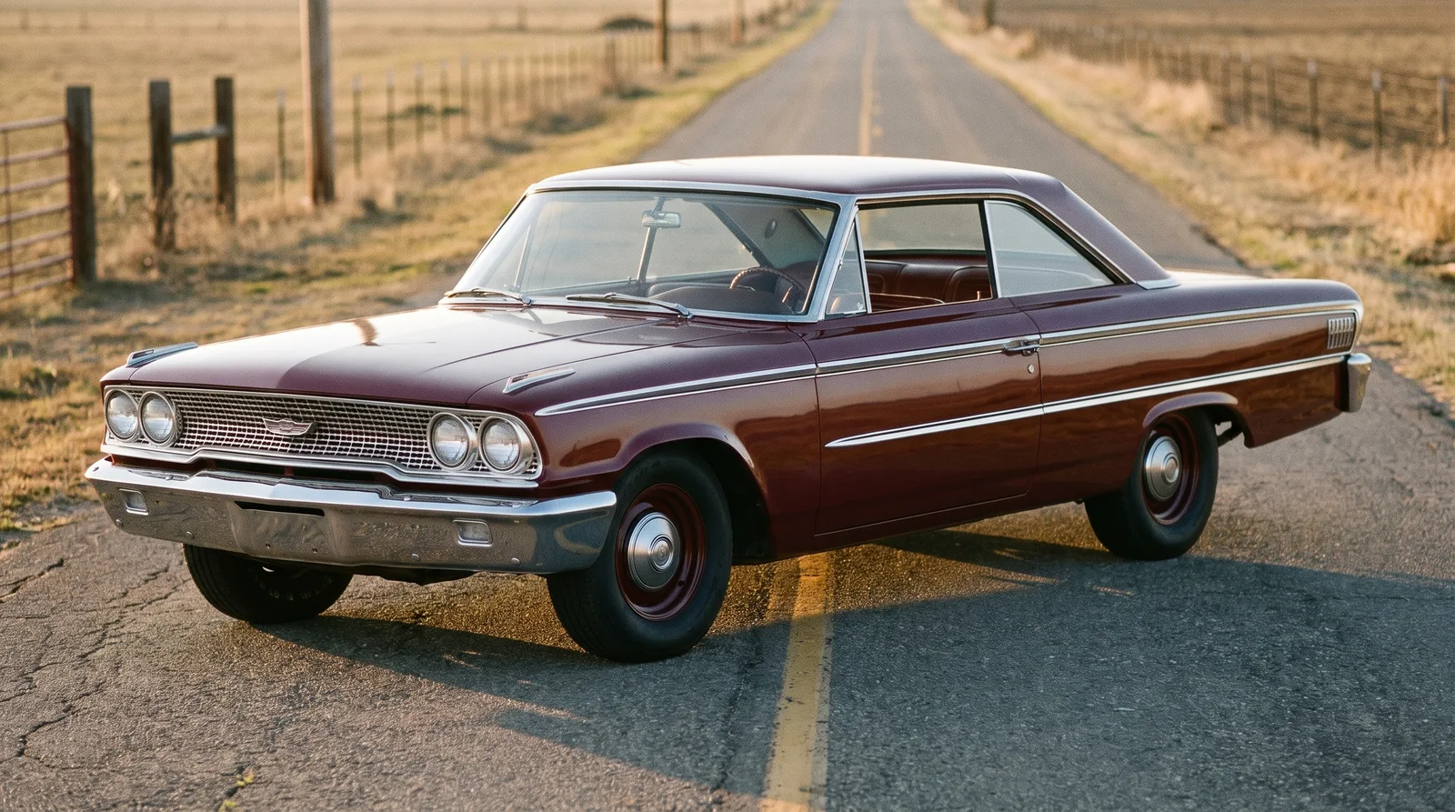 1963½ Ford Galaxie 500 fastback, on a country road at sunset