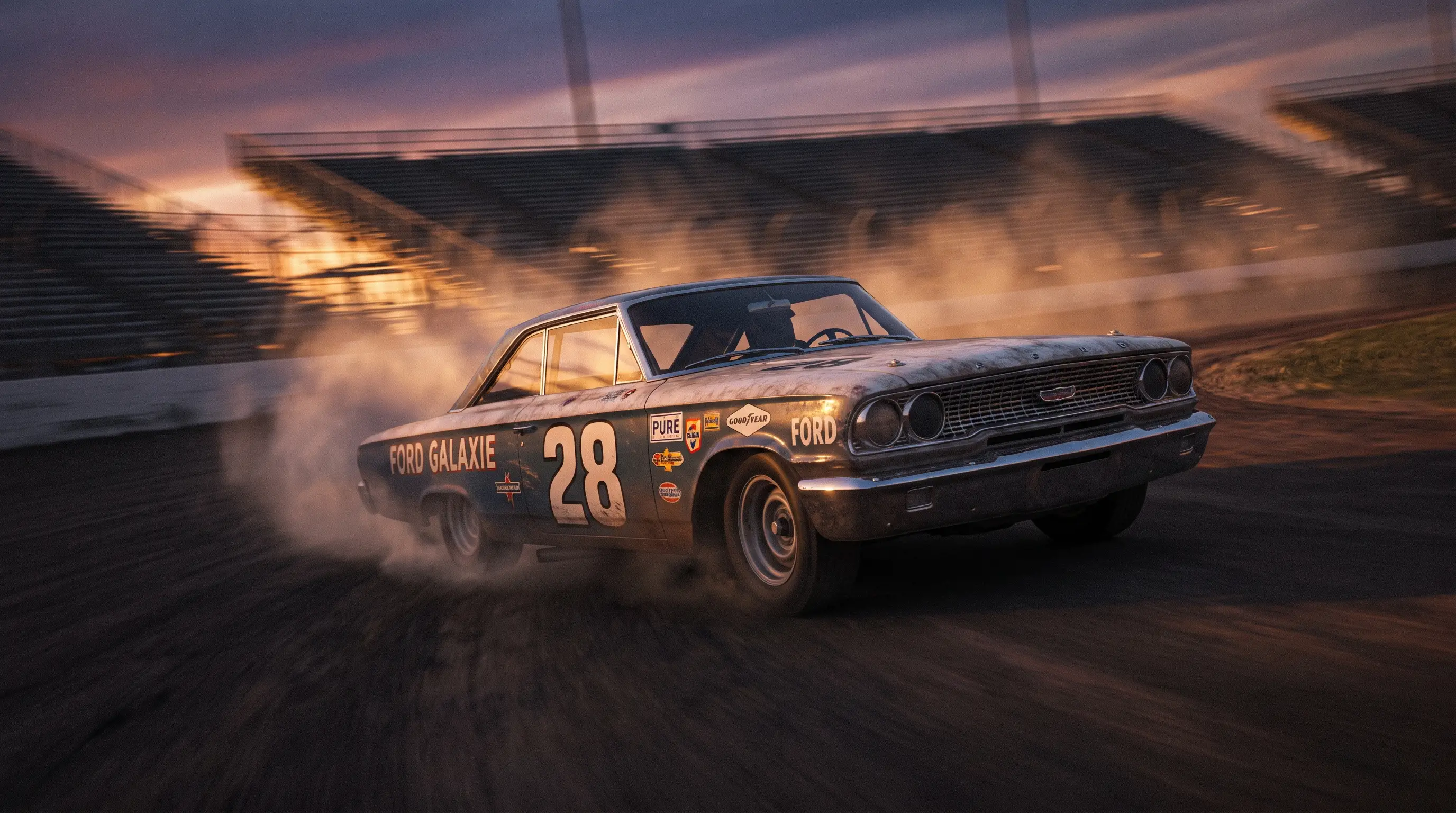 1963 Ford Galaxie 427 stock car on a banked oval track at dusk