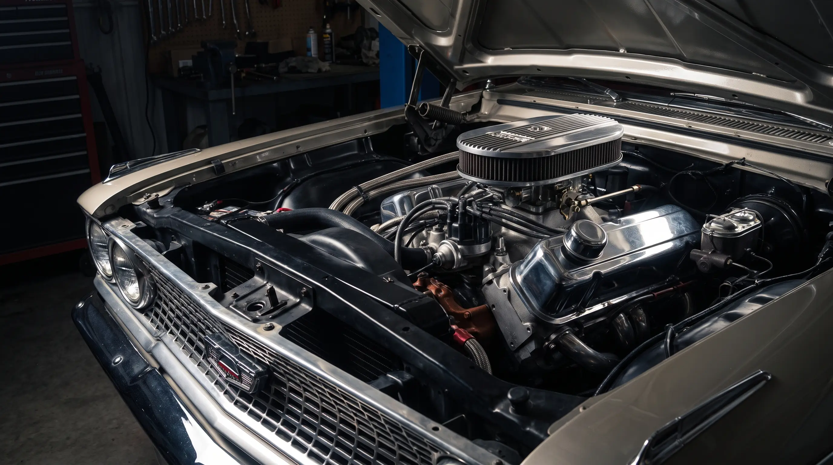 1963 Ford Galaxie 427 big block V8 engine bay with chrome valve covers