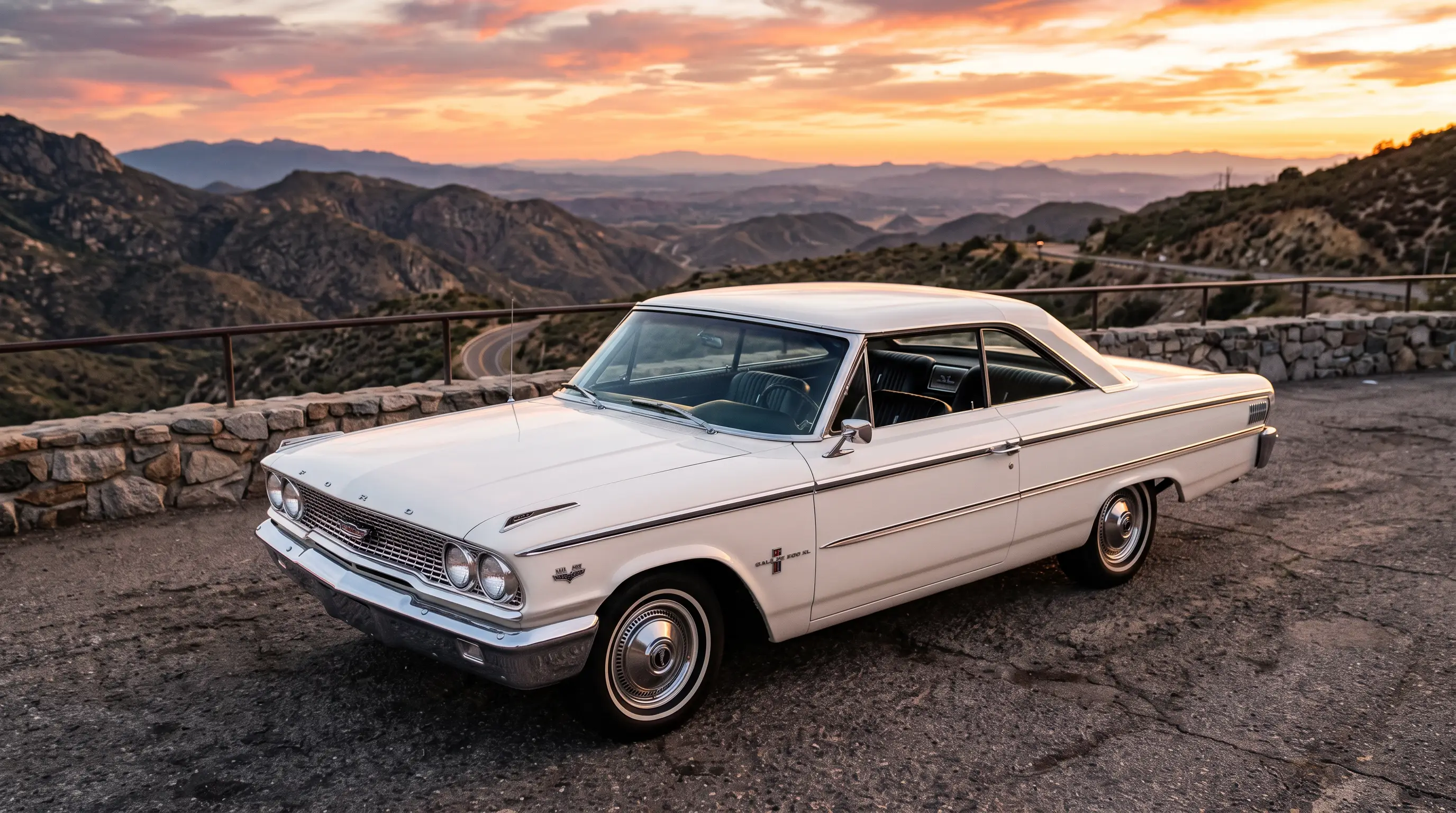 White 1963 Ford Galaxie 500 XL with bucket seats parked at a scenic overlook at sunset
