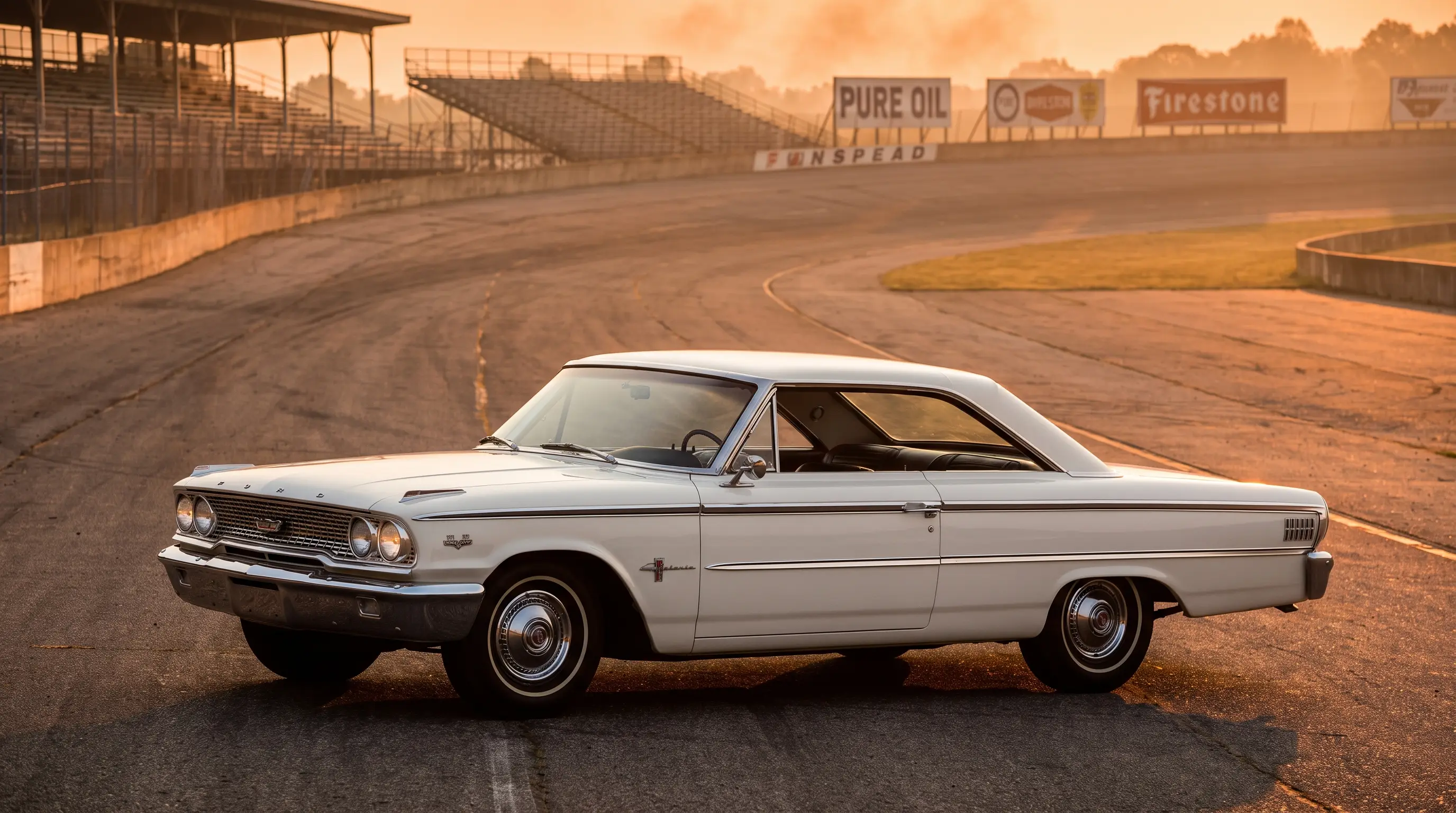 White 1963 Ford Galaxie 500 fastback parked at a superspeedway during golden hour