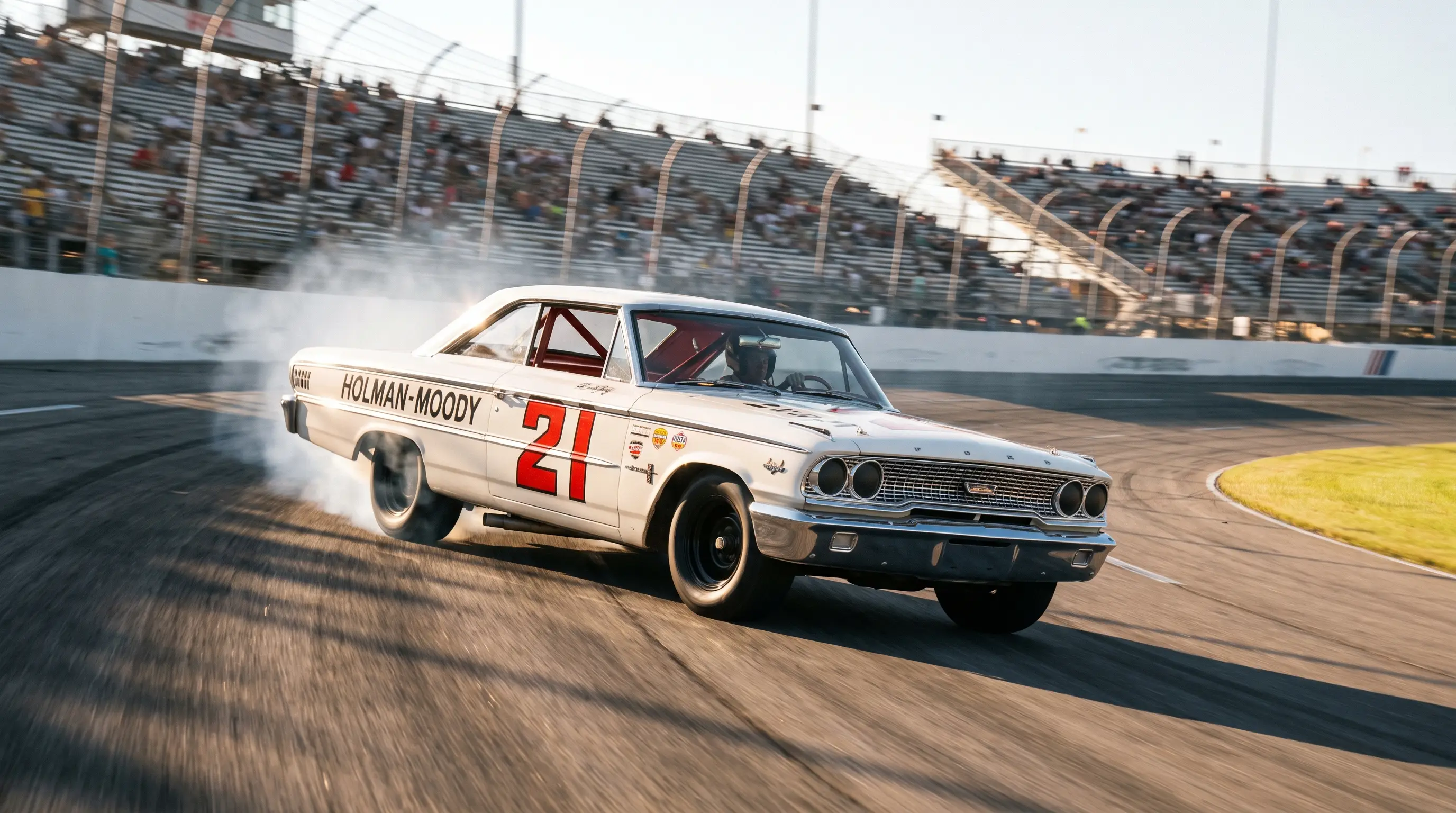 White 1963 Ford Galaxie NASCAR stock car racing on a high banked speedway