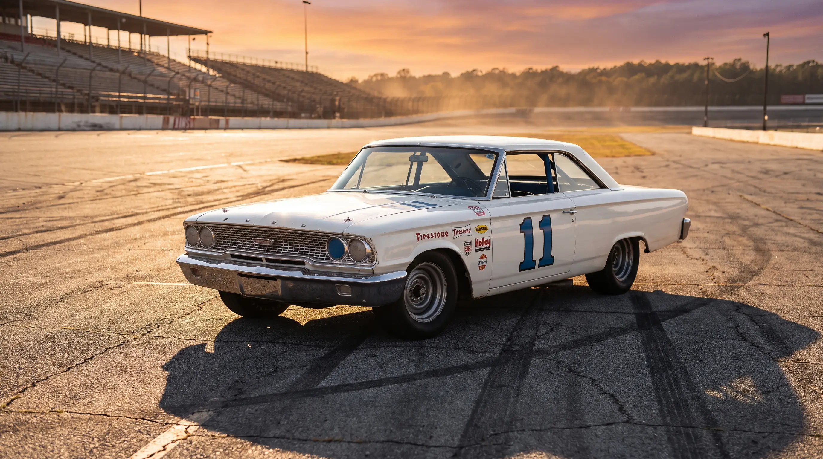 White 1963 Ford Galaxie 427 stock car parked on a NASCAR track apron at golden hour
