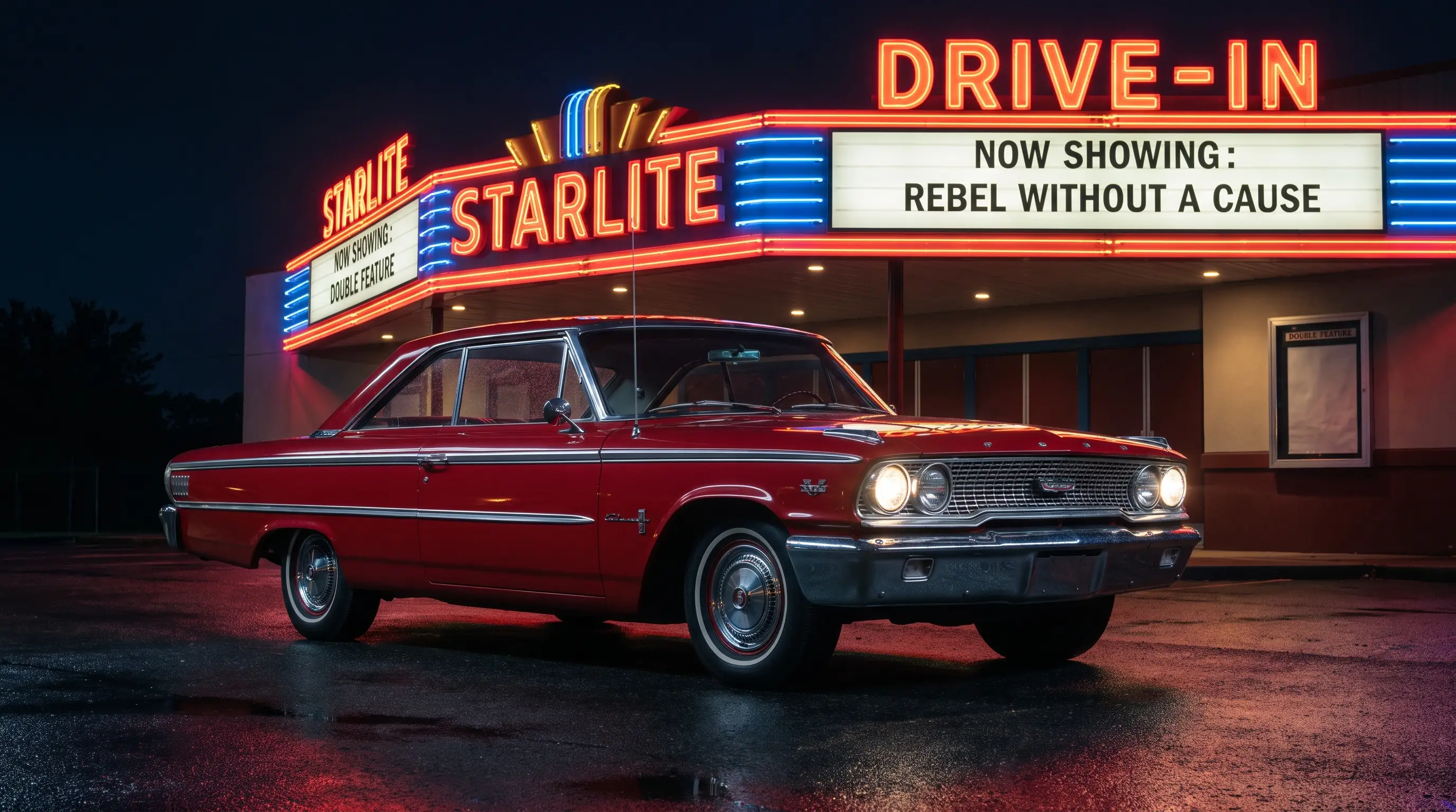1963 Ford Galaxie 500 XL parked at a neon lit vintage drive in theater at night
