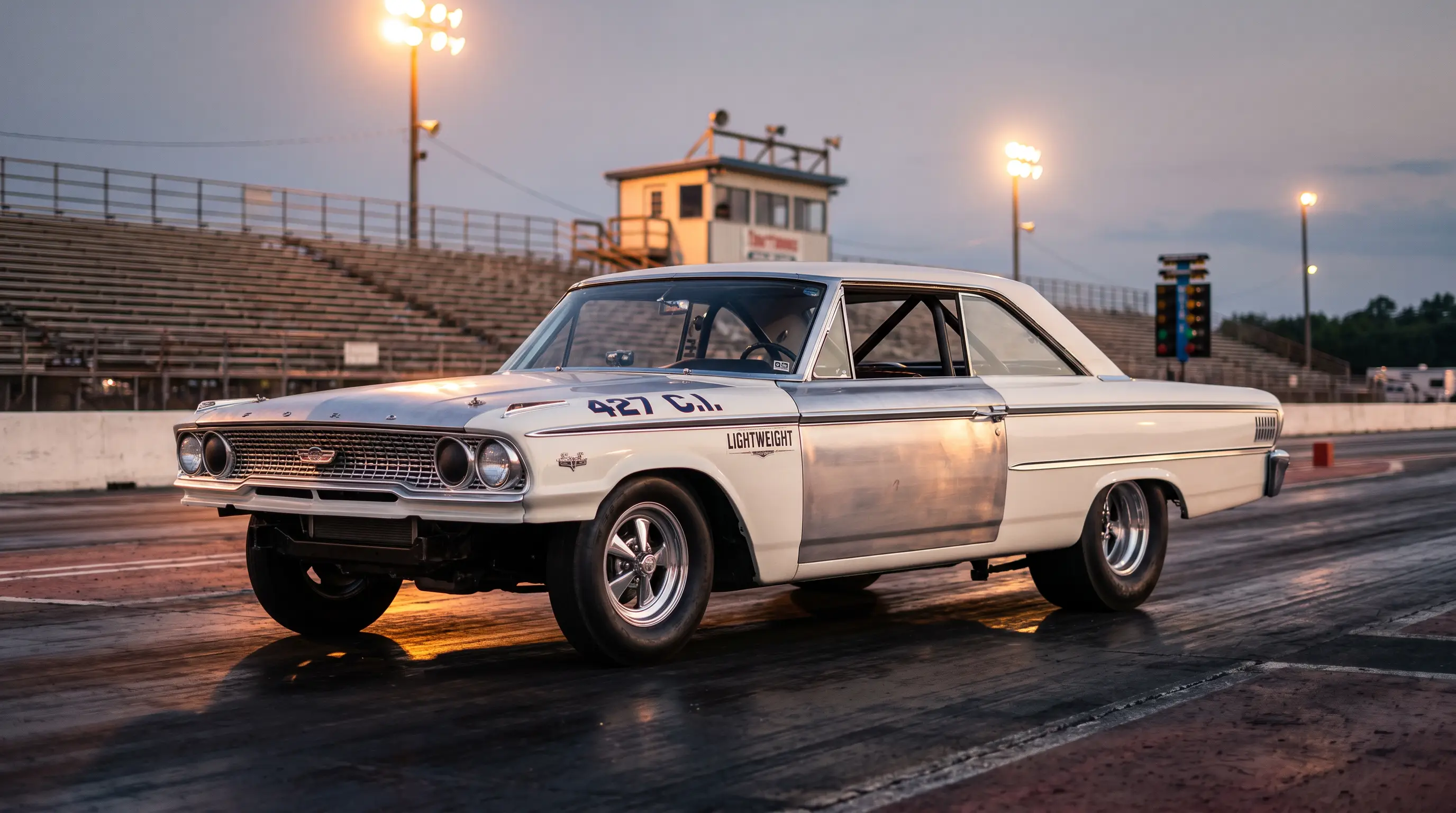 White lightweight 1963 Ford Galaxie drag car staged at a vintage strip under lights