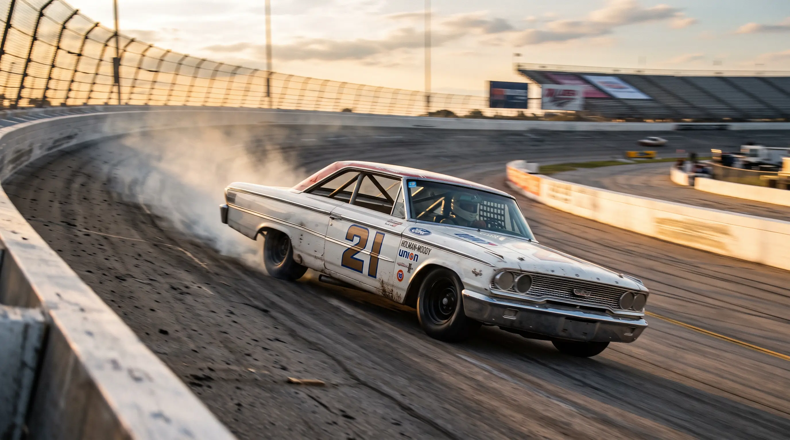 White 1963 Ford Galaxie stock car racing on a banked speedway with motion blur