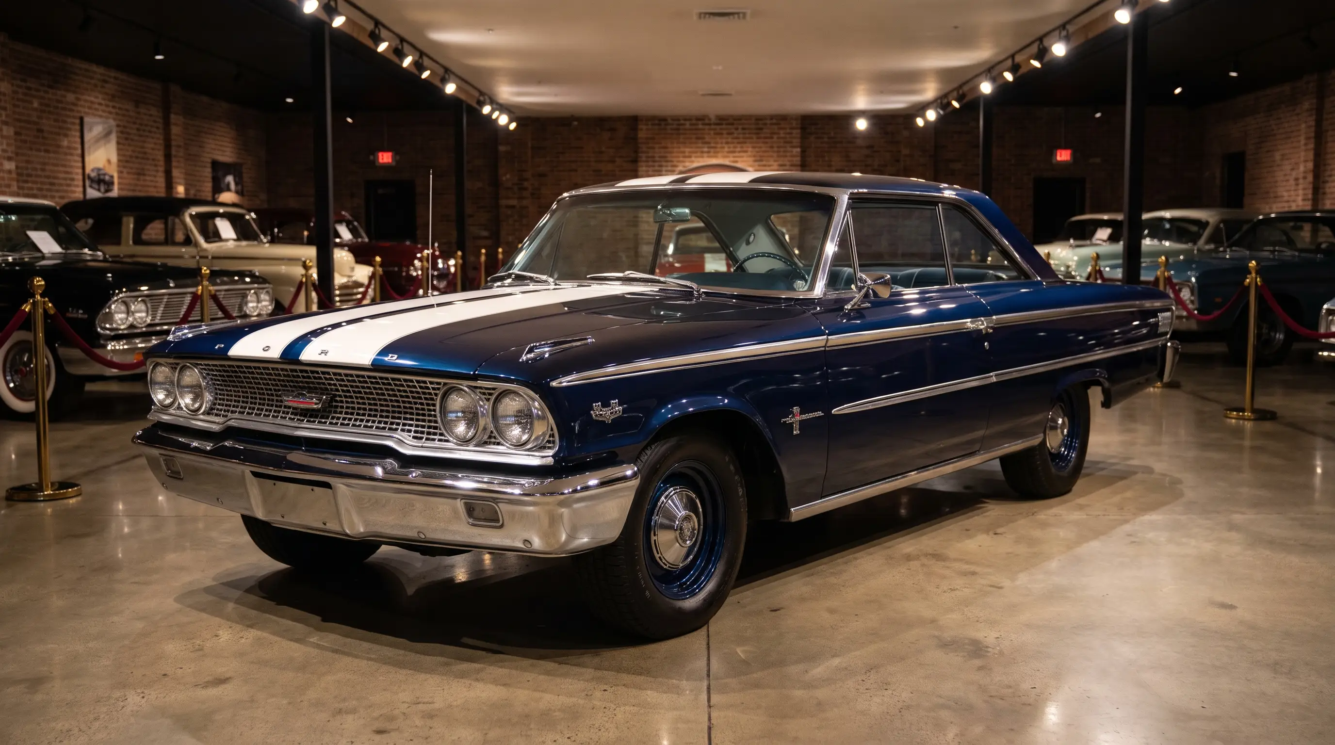 Restored dark blue 1963 Ford Galaxie 500 fastback with white stripe in a museum showroom