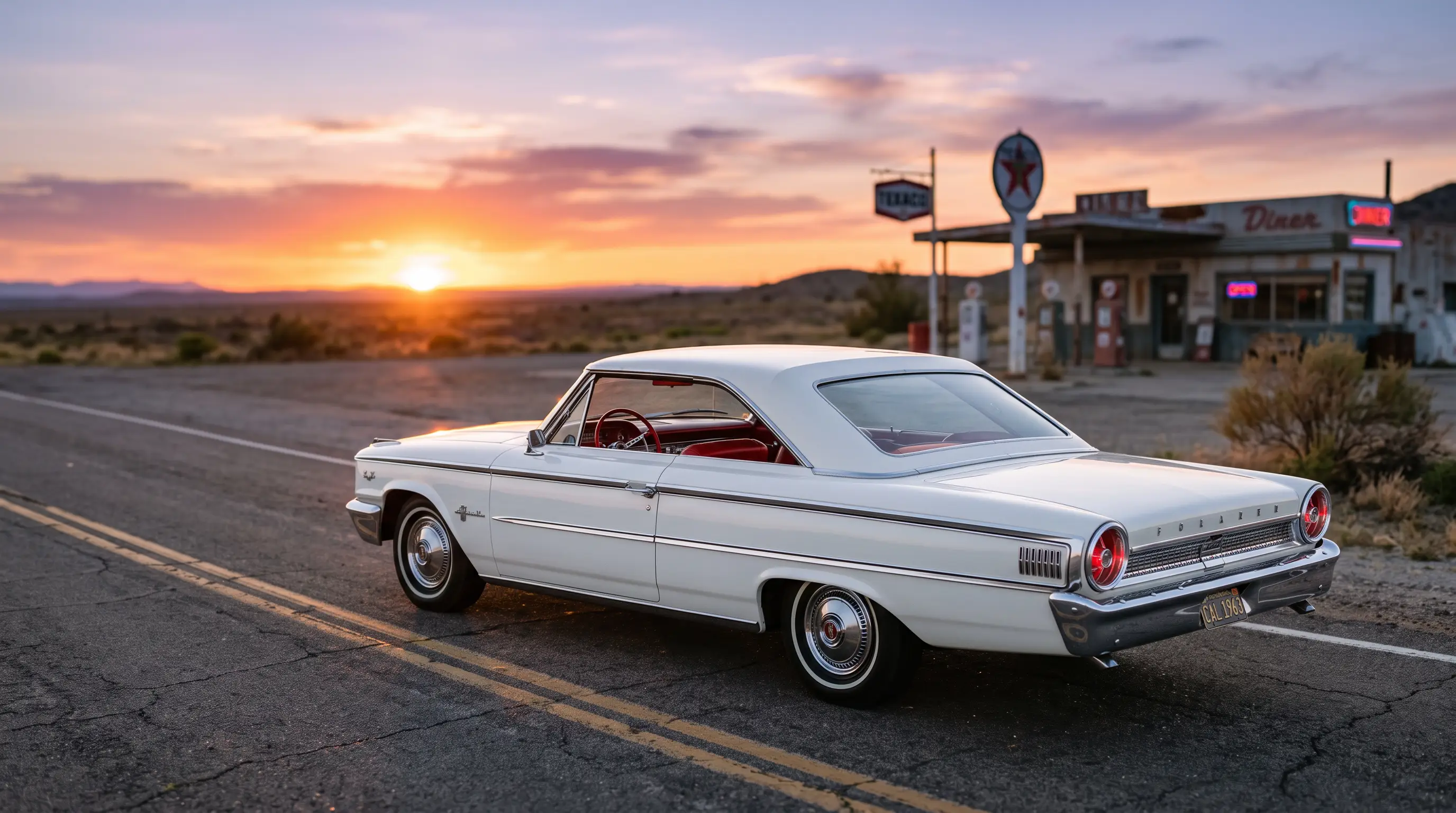 White 1963 Ford Galaxie fastback on an open highway at sunset
