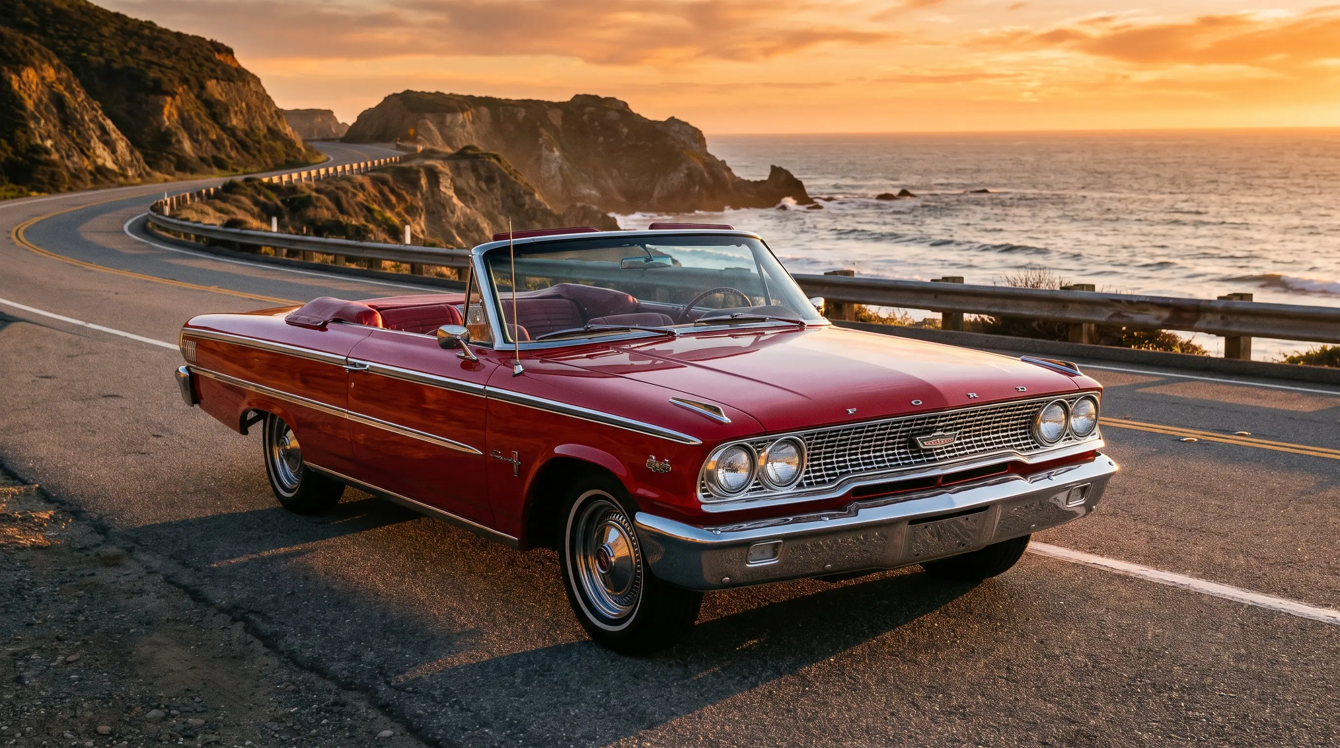 Red 1963 Ford Galaxie Sunliner convertible with top down on a coastal highway at golden hour