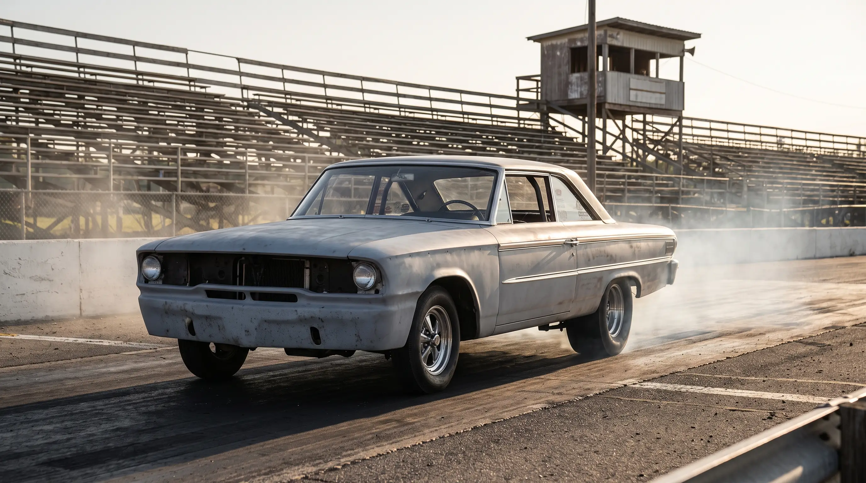 Stripped down 1963 Ford Galaxie drag car staged at a vintage drag strip starting line
