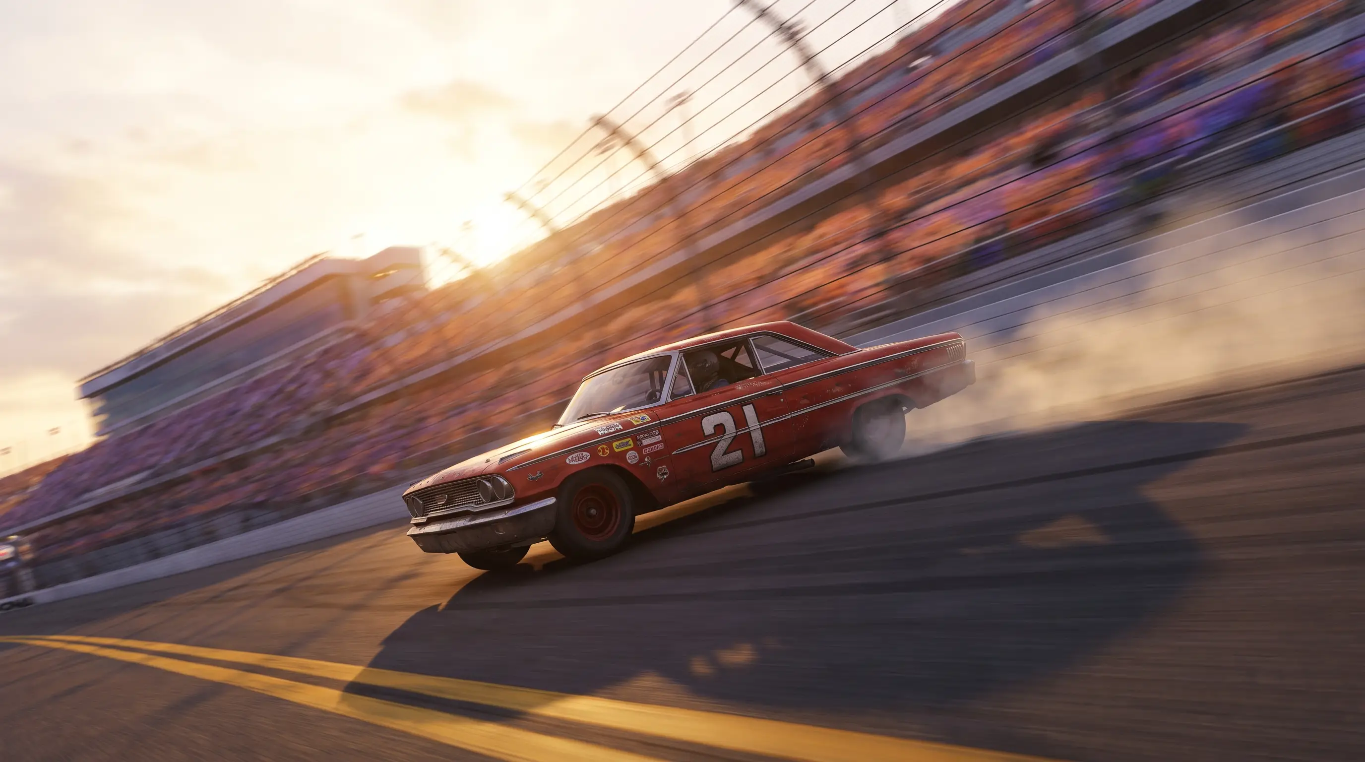 Red number 21 1963 Ford Galaxie racing at Daytona in golden dusk light