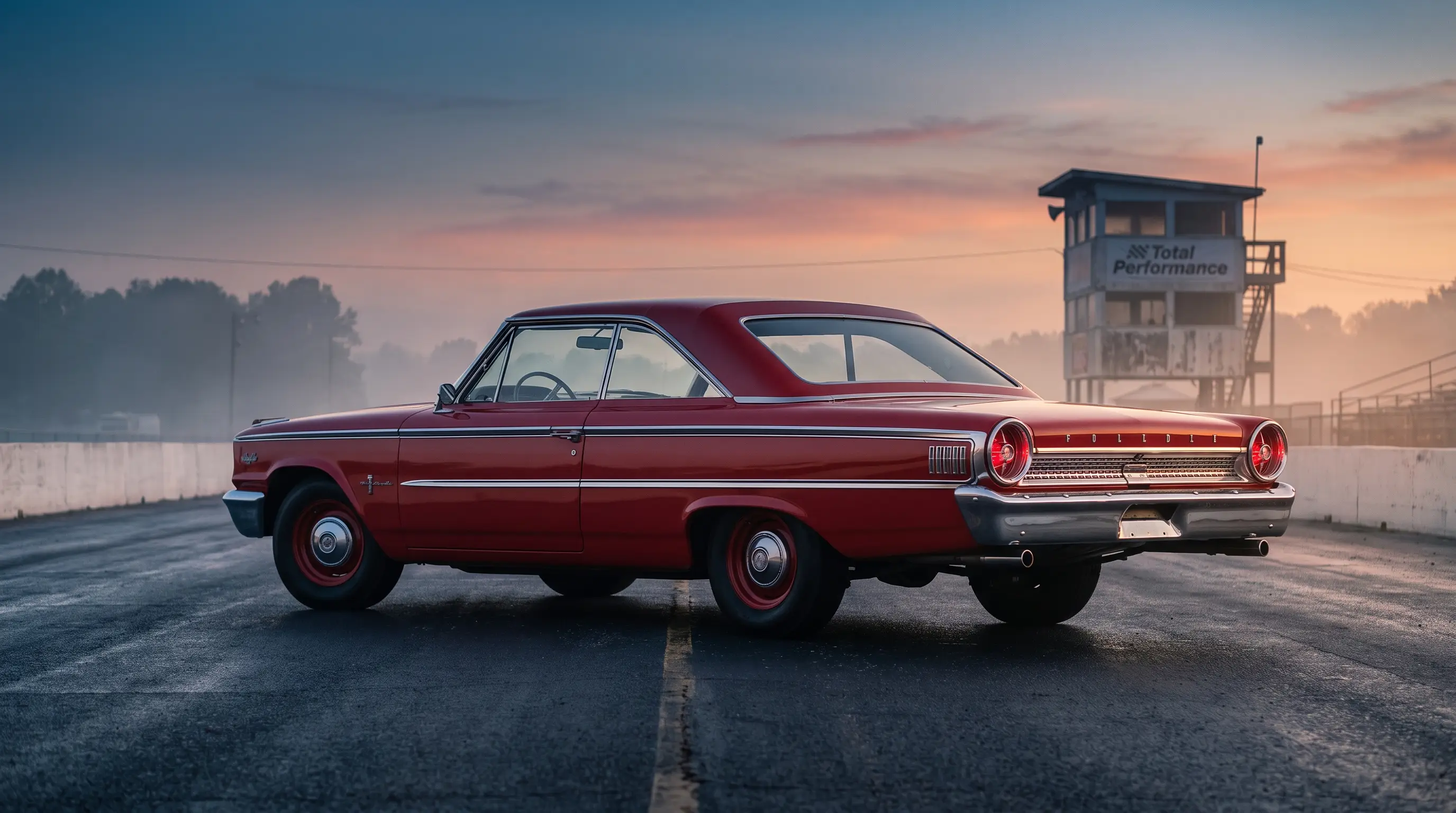 1963 Ford Galaxie 500 XL fastback in red on an empty drag strip at dawn