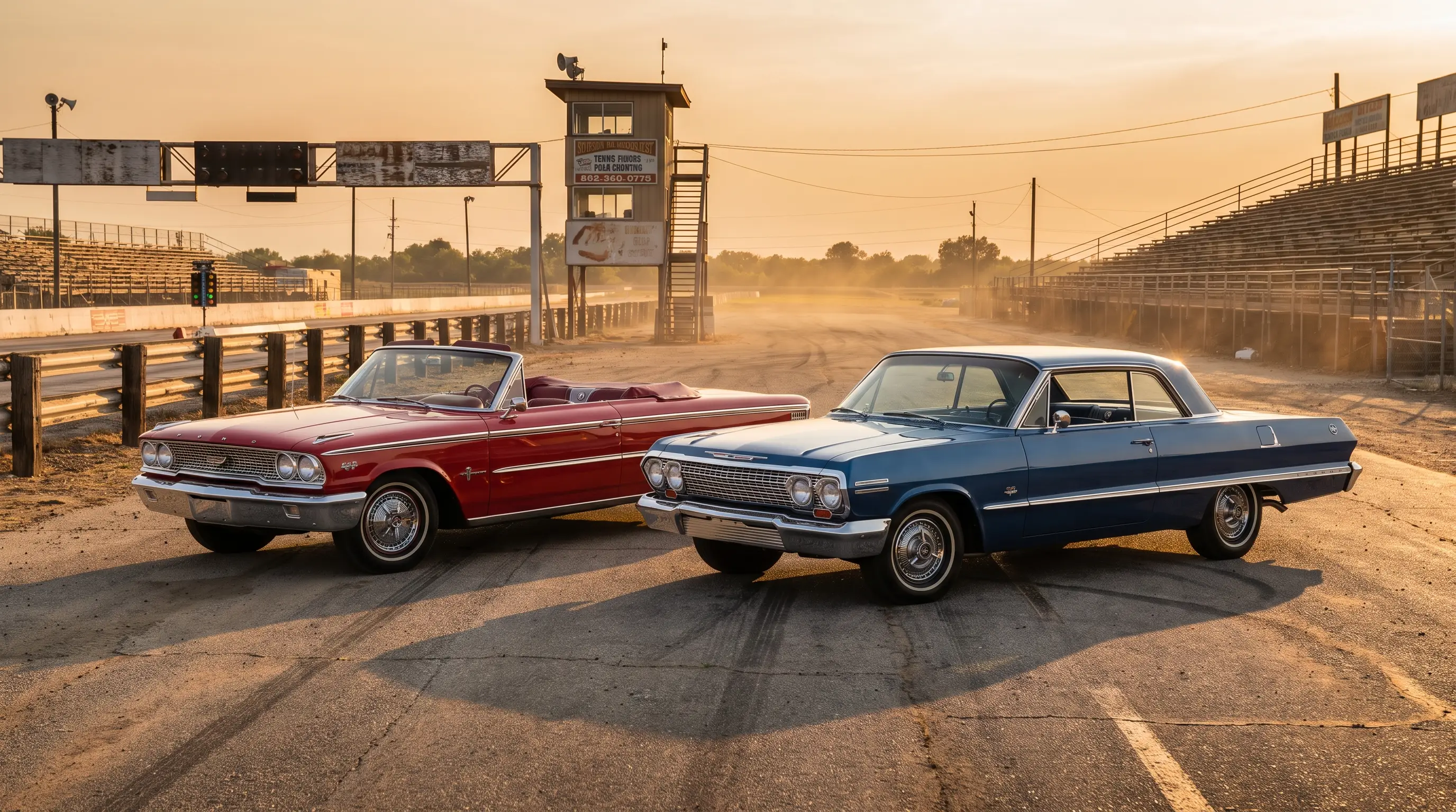 Red 1963 Ford Galaxie 427 and blue Chevrolet Impala 409 staged at a drag strip at golden hour