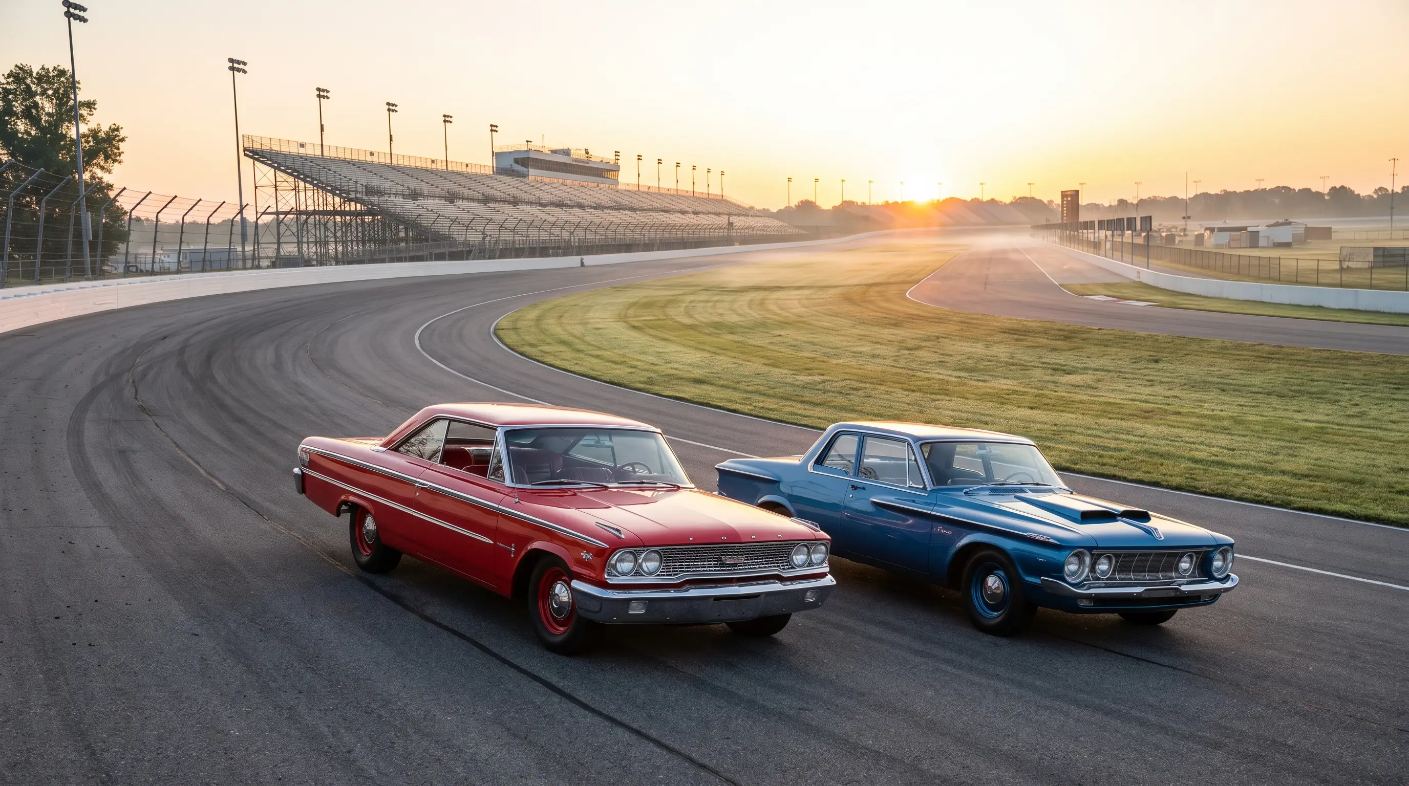 Red 1963 Ford Galaxie 427 beside a blue Max Wedge Mopar on a speedway at dawn