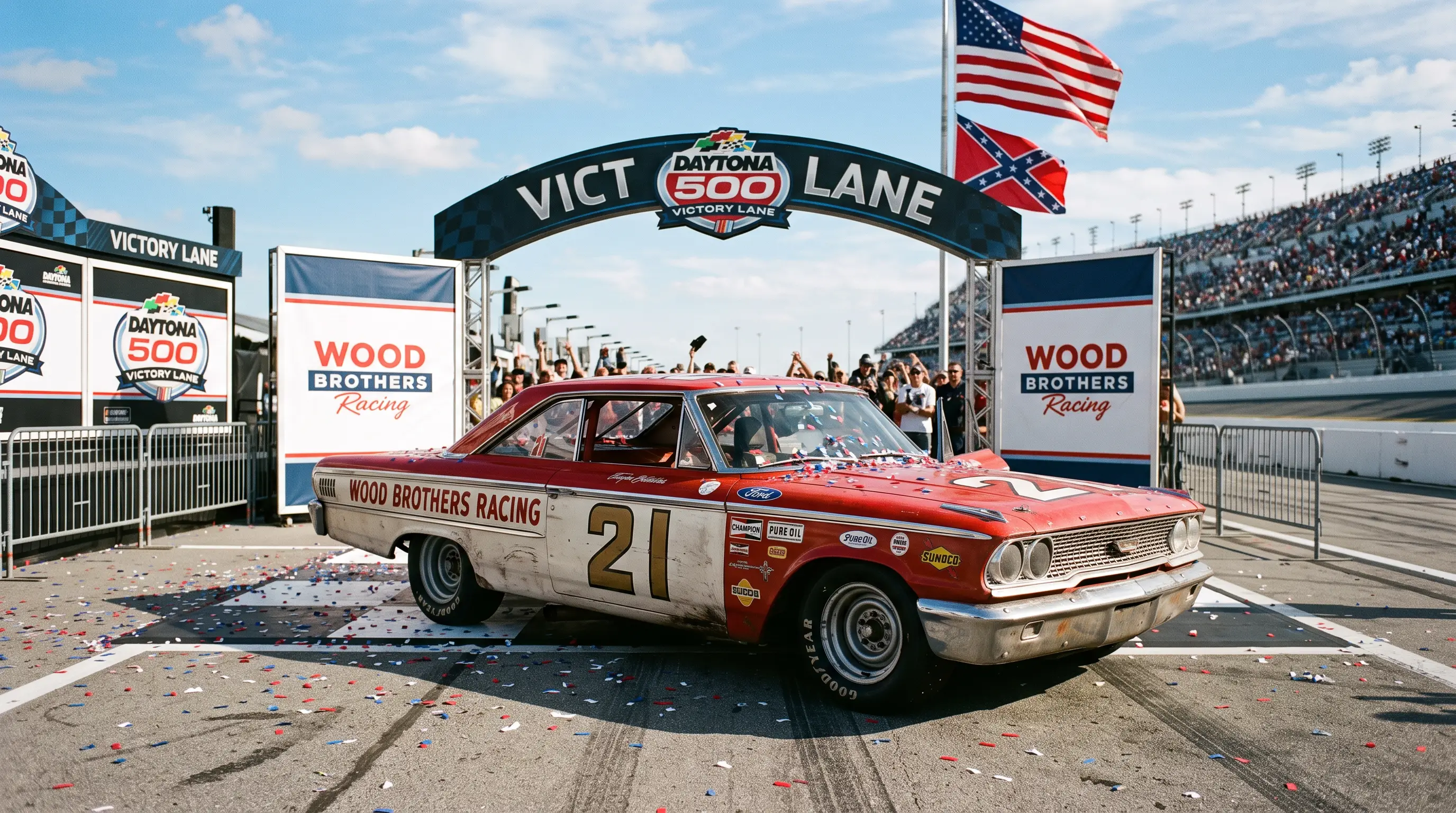 Red and white 1963 Ford Galaxie Wood Brothers racer in a Daytona victory lane setting