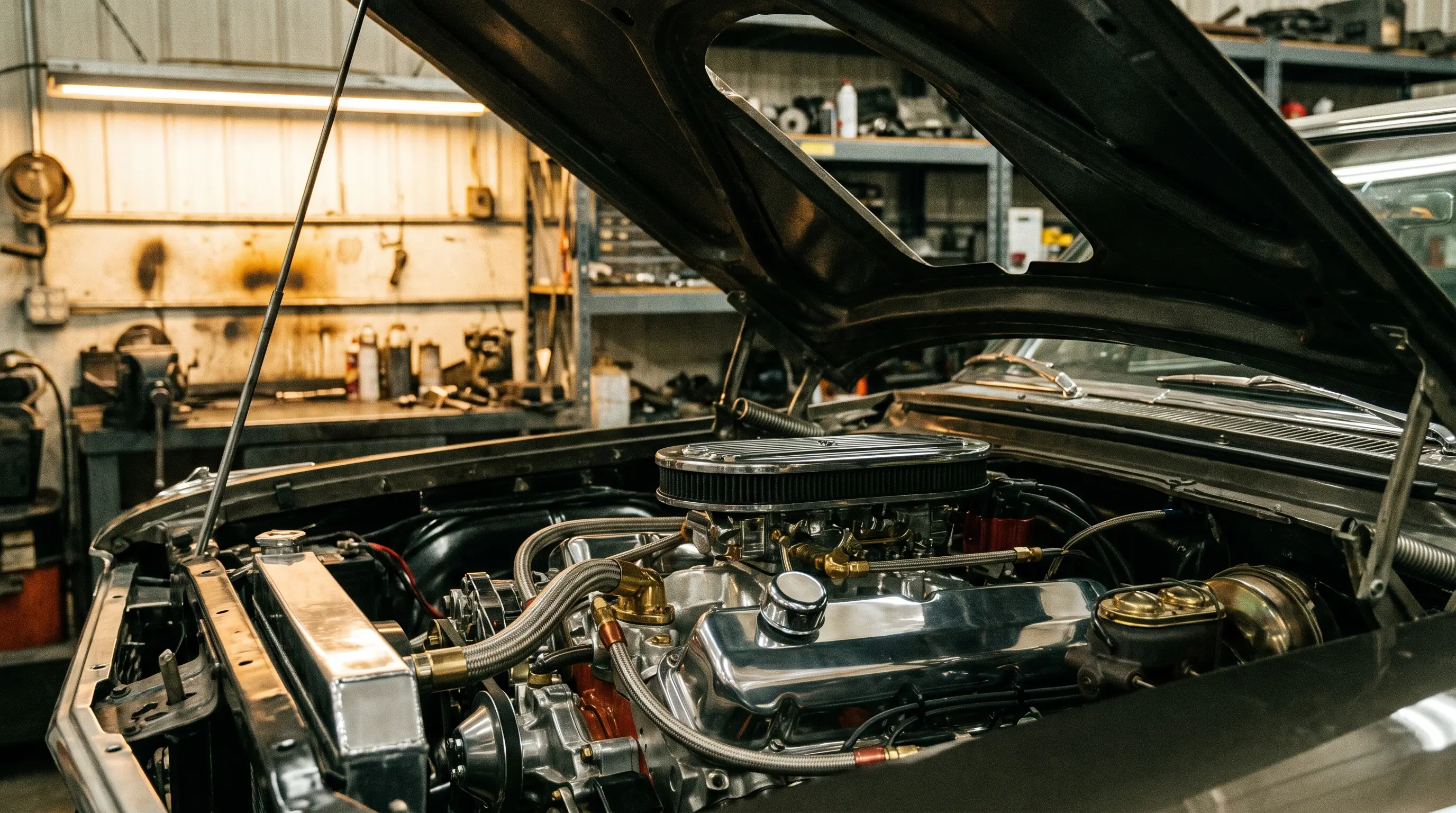 Open hood engine bay of a 1964 Ford Galaxie 427 big block under shop light