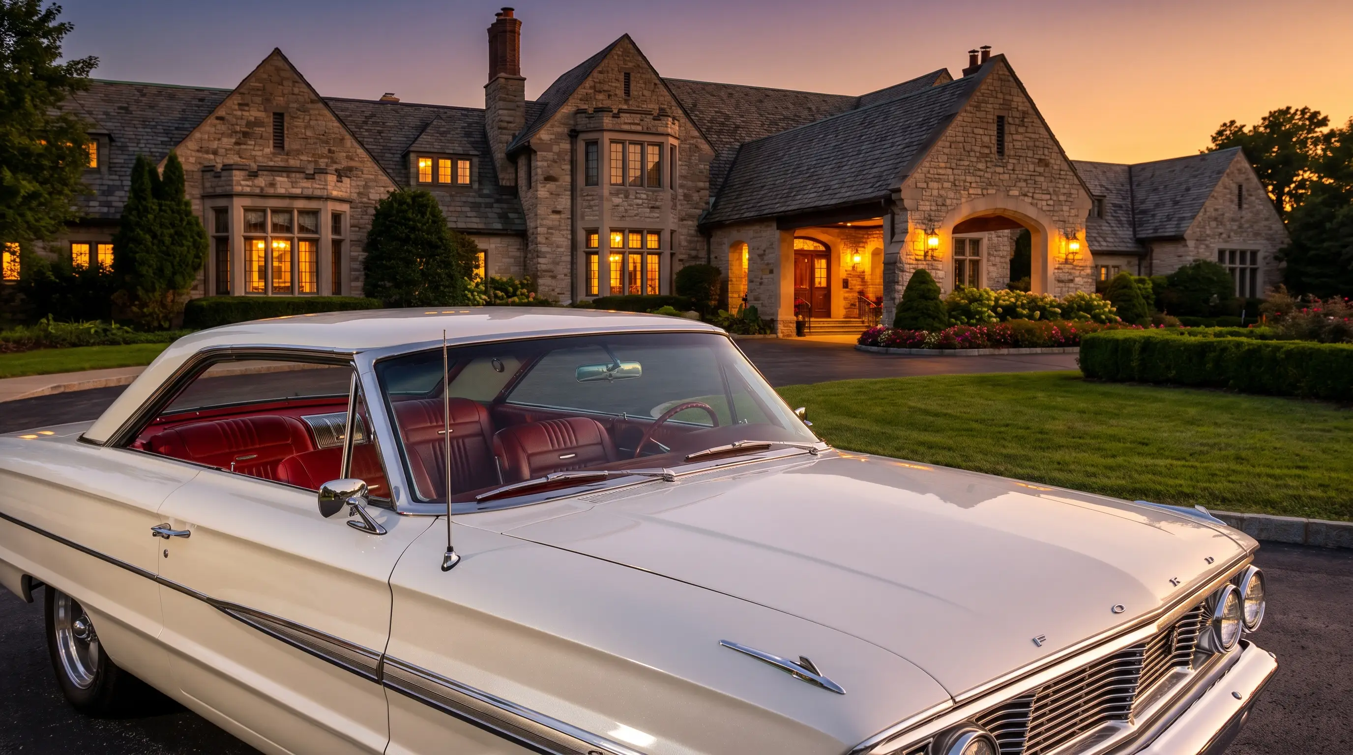 Pearl white 1964 Ford Galaxie 500 XL outside an upscale country club at dusk