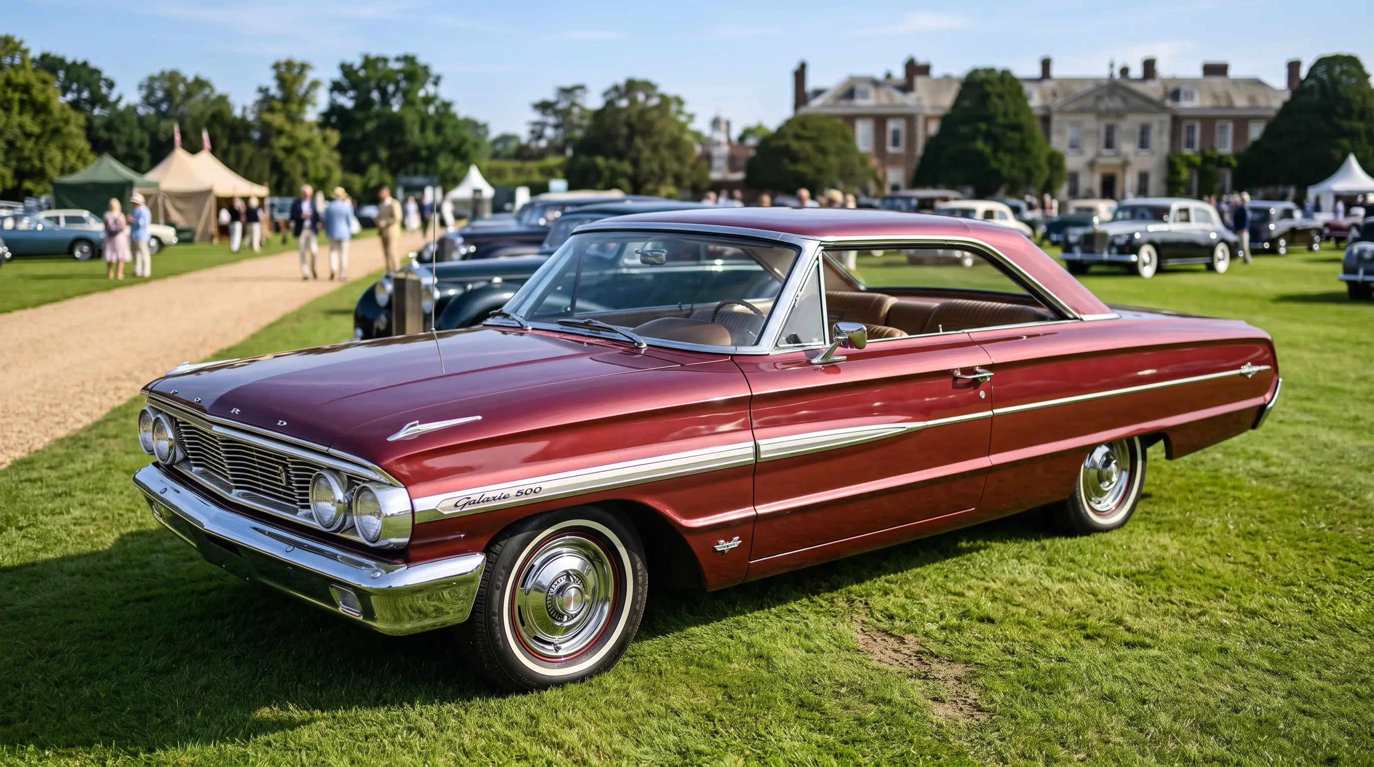 Maroon 1964 Ford Galaxie Club Victoria pillarless hardtop at a concours lawn event