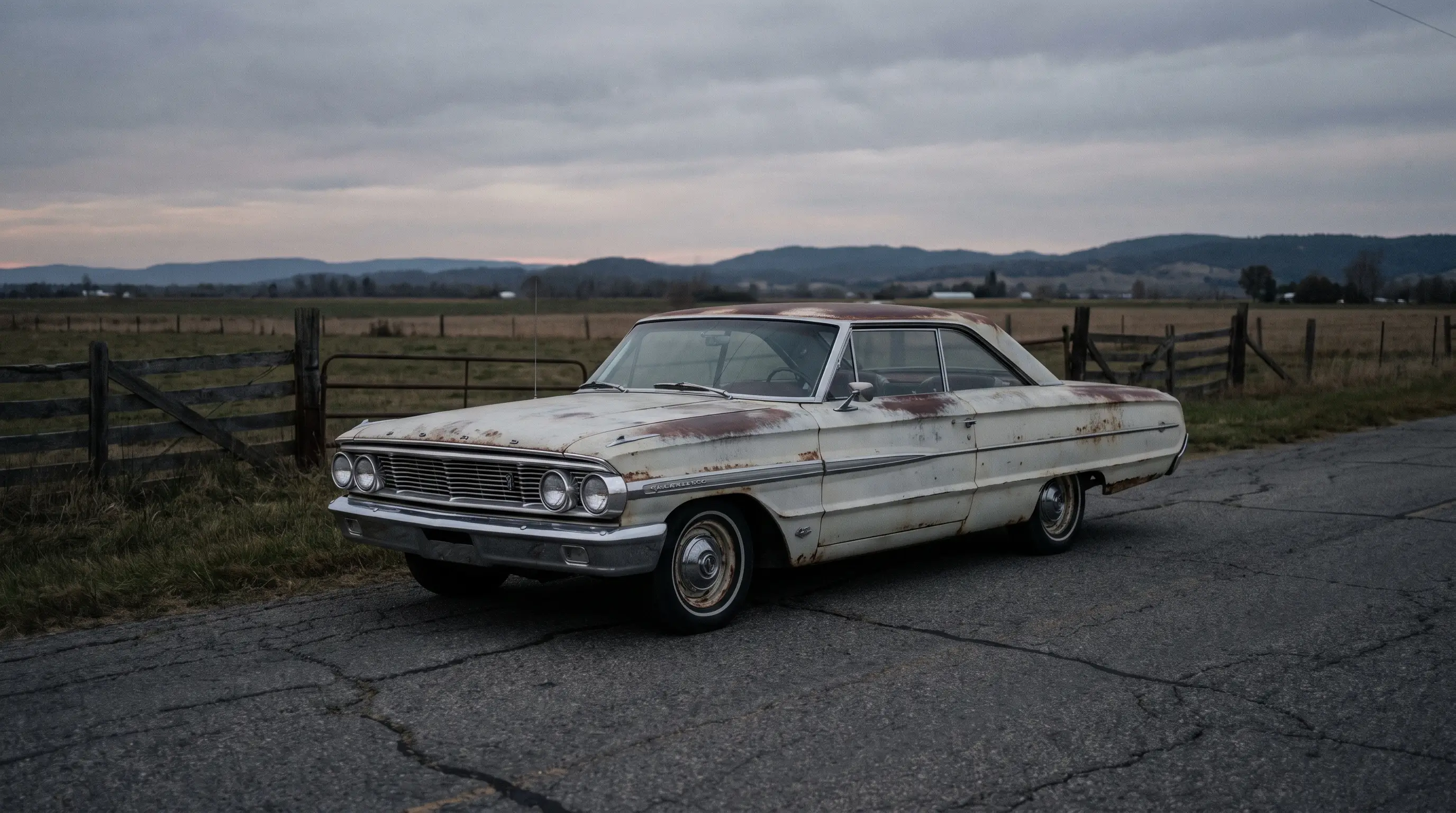 Weathered original 1964 Ford Galaxie parked alone on a quiet rural backroad at dusk