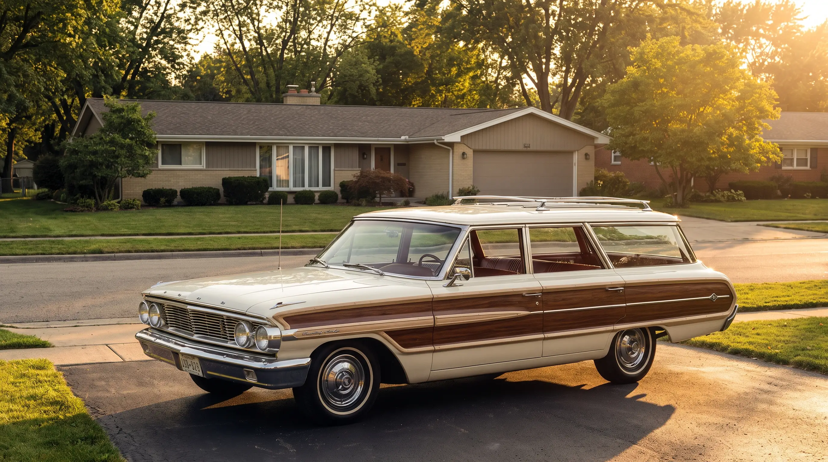 Woodgrain 1964 Ford Country Sedan wagon parked in a mid century suburban driveway