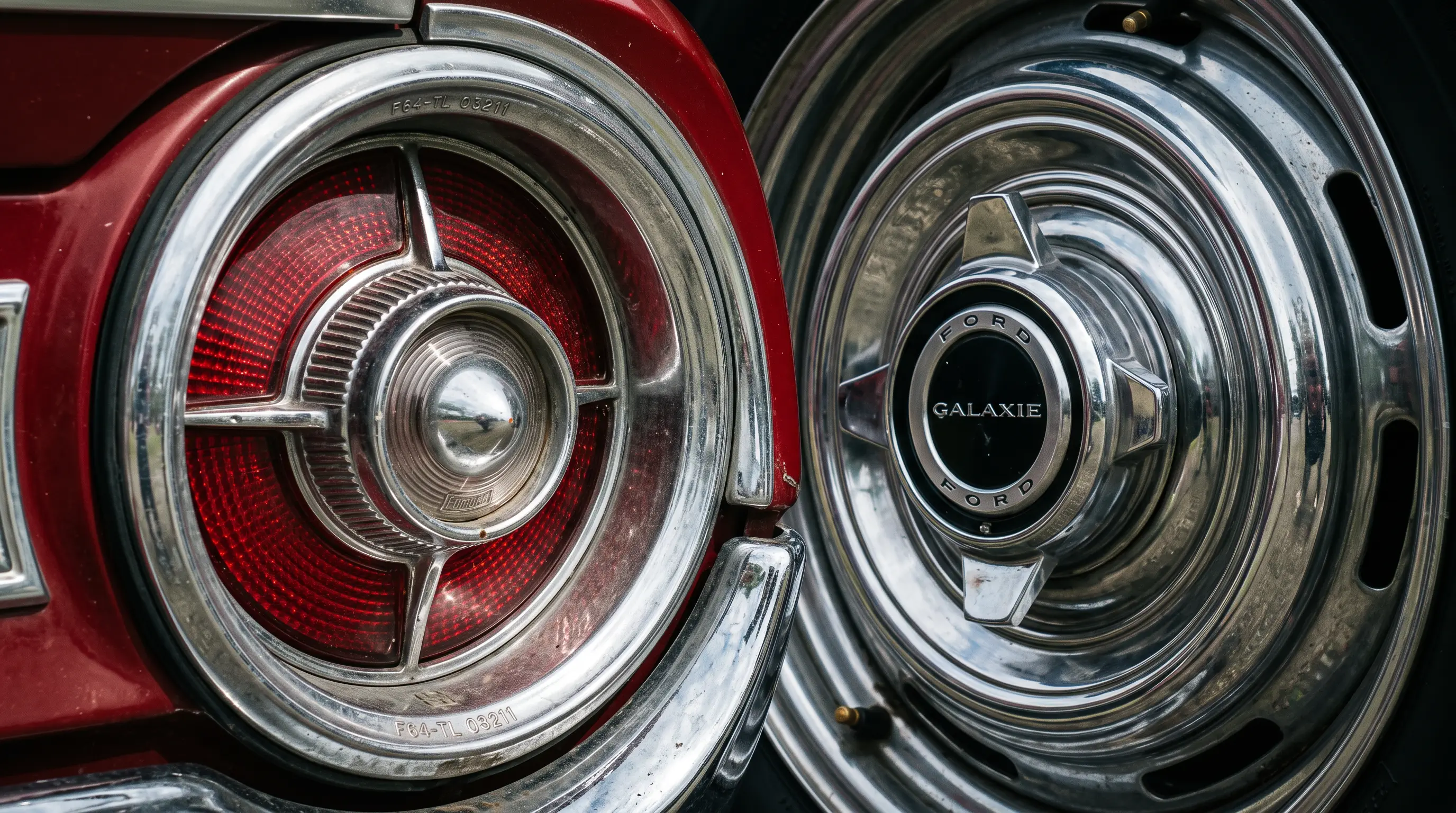 Macro detail of a 1964 Ford Galaxie chrome taillight lens and stacked wheel cover