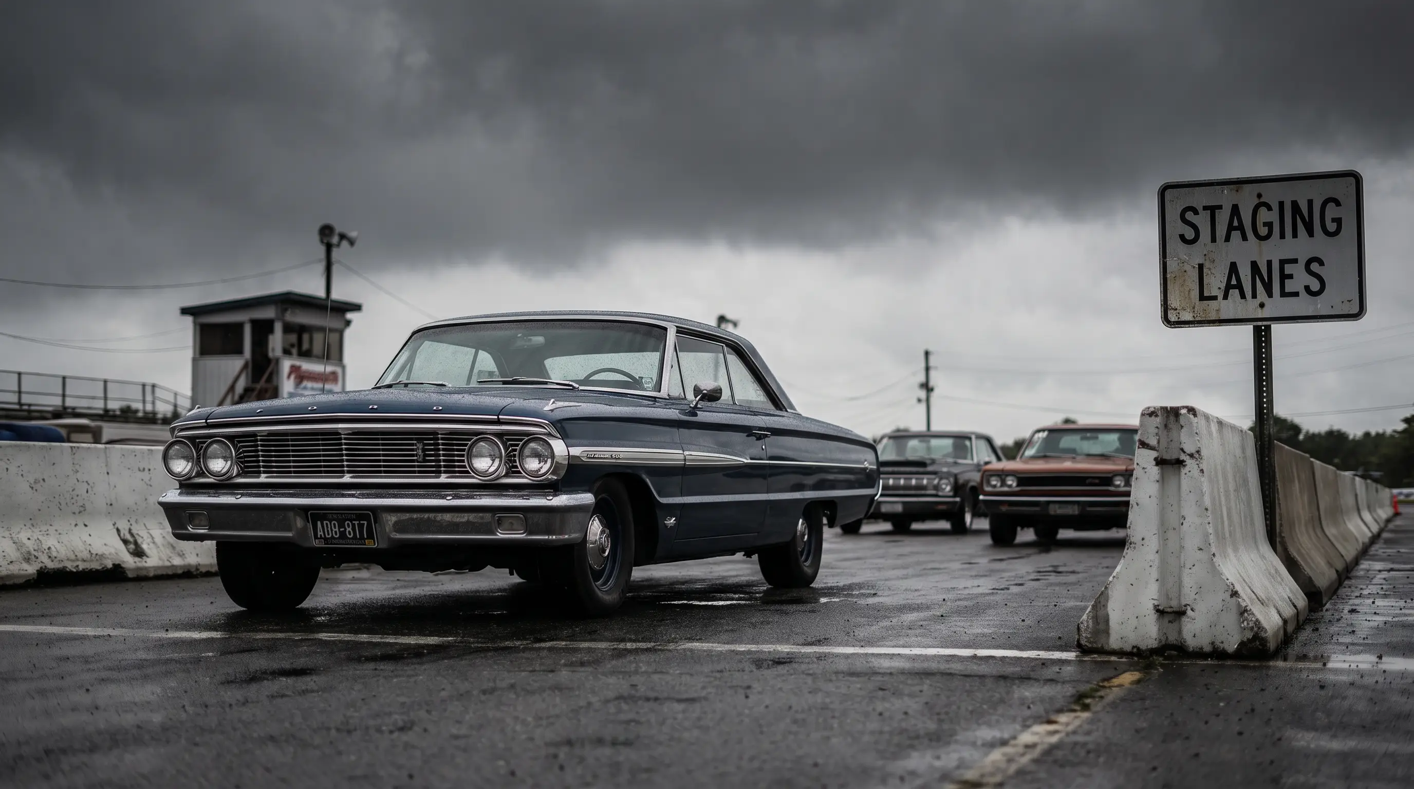 1964 Ford Galaxie with a Hemi era Mopar rival at a drag strip staging lane