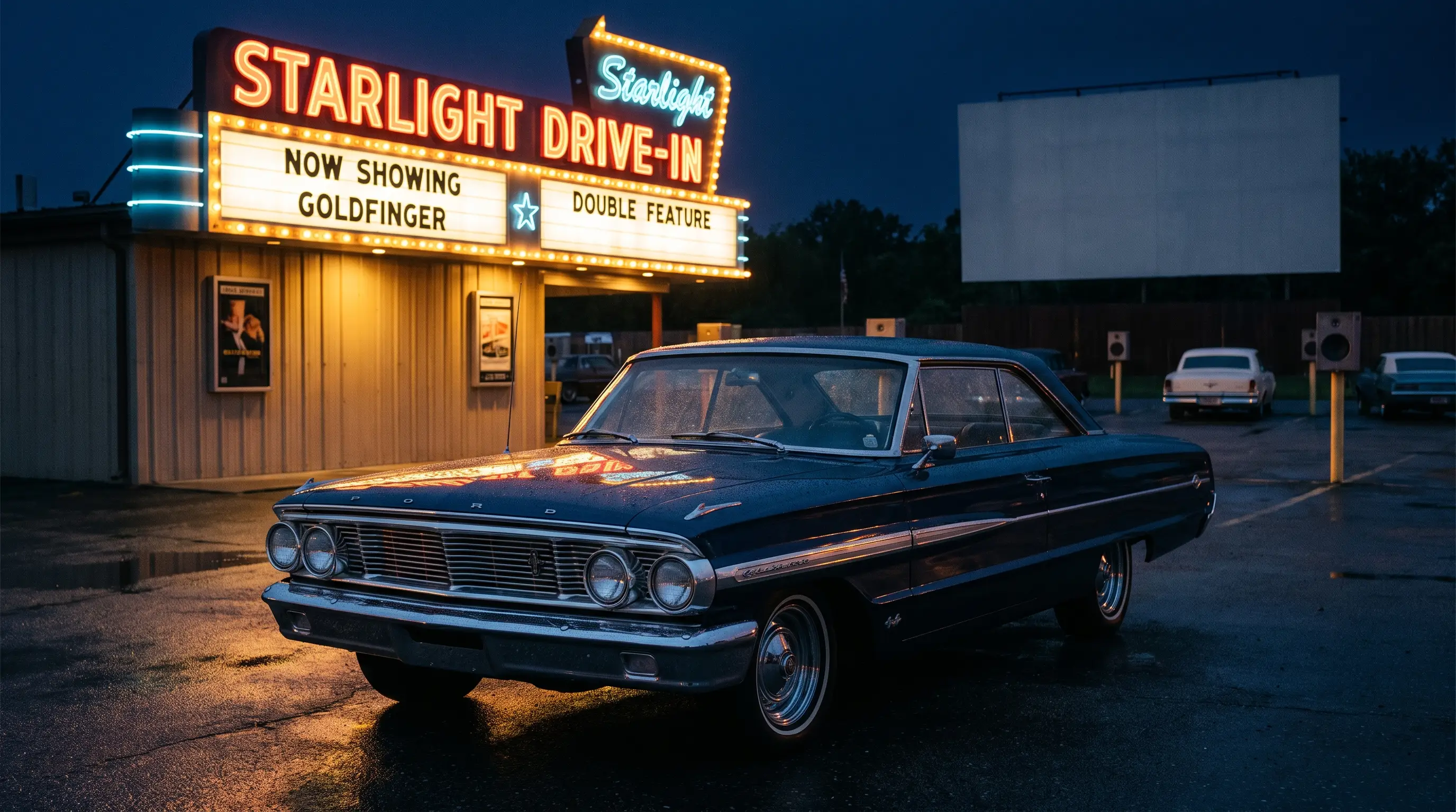 Dark blue 1964 Ford Galaxie 500 XL parked outside a glowing drive-in movie theater at night