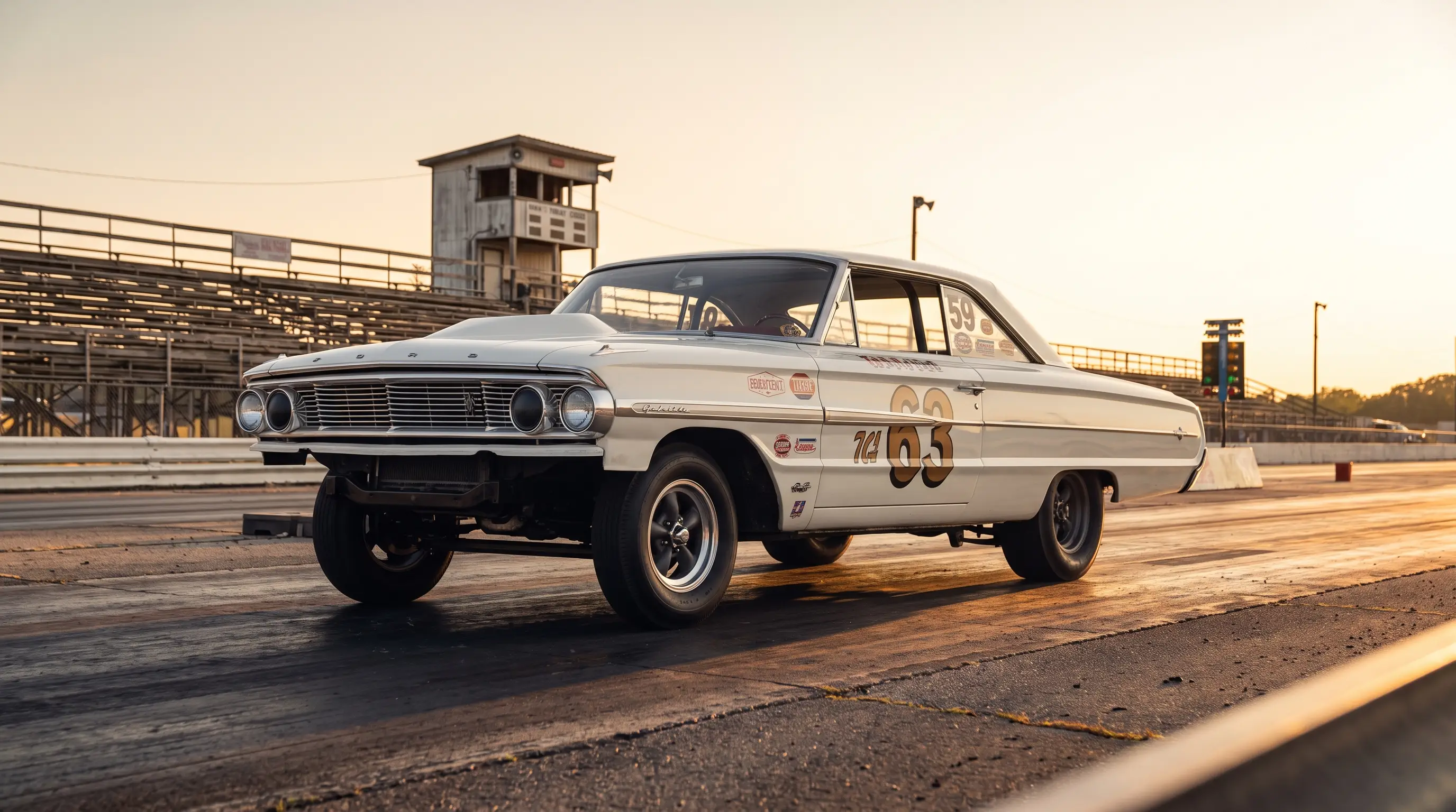 White fiberglass bodied 1964 Ford Galaxie lightweight drag car staged on a vintage strip