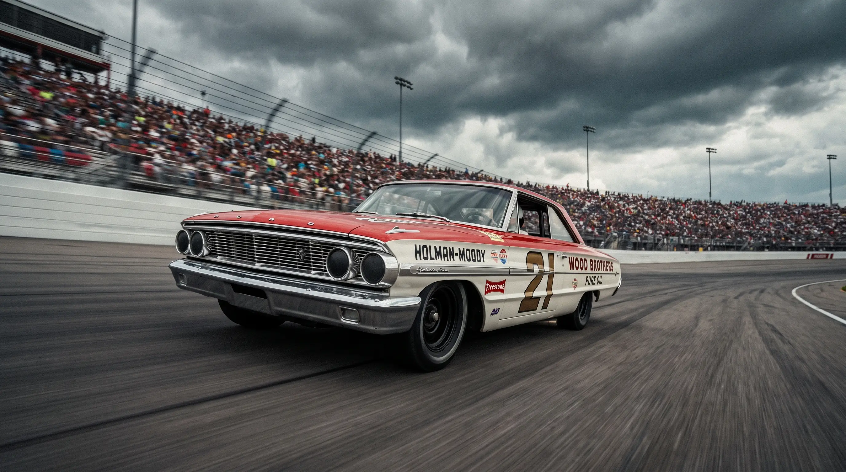 1964 Ford Galaxie 500 racing on a banked NASCAR superspeedway under overcast sky