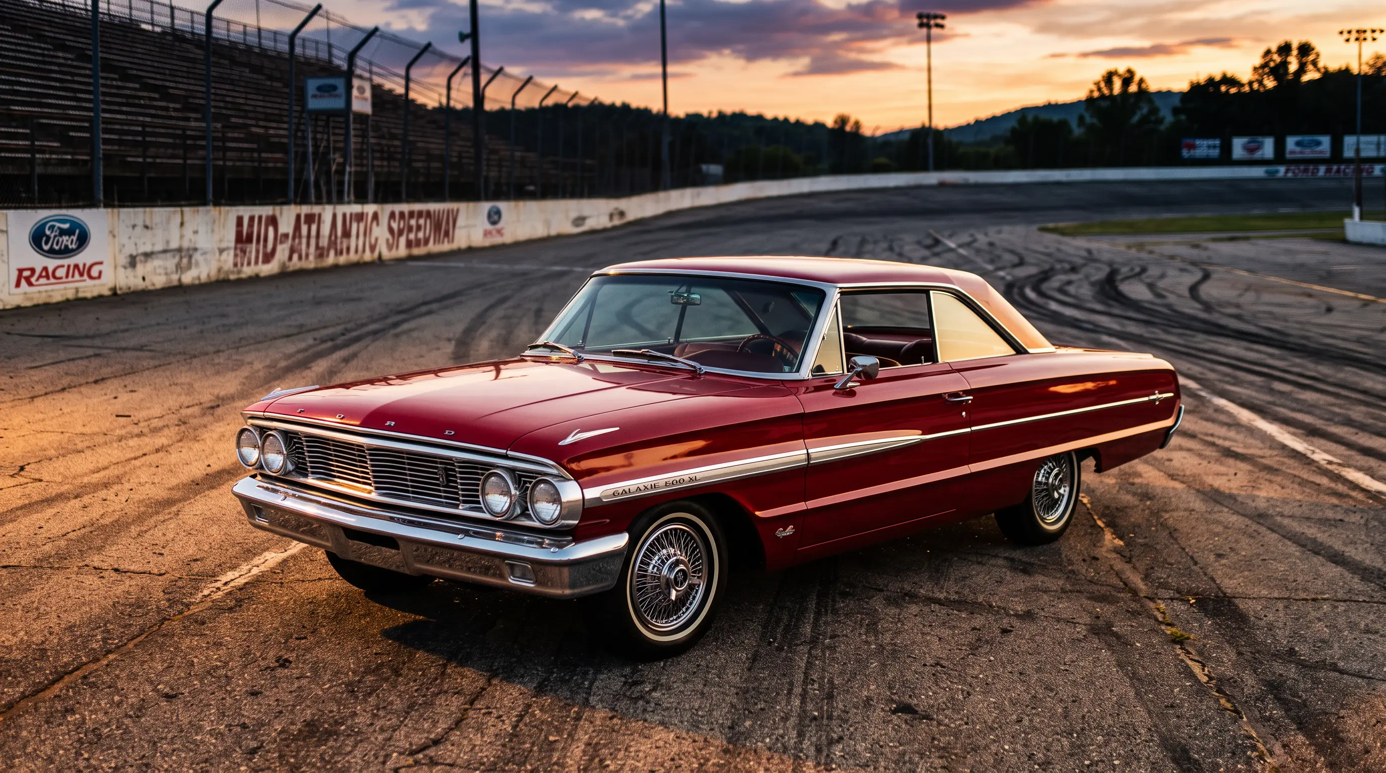 1964 Ford Galaxie 500 XL in red parked on a sunlit short track infield at dusk