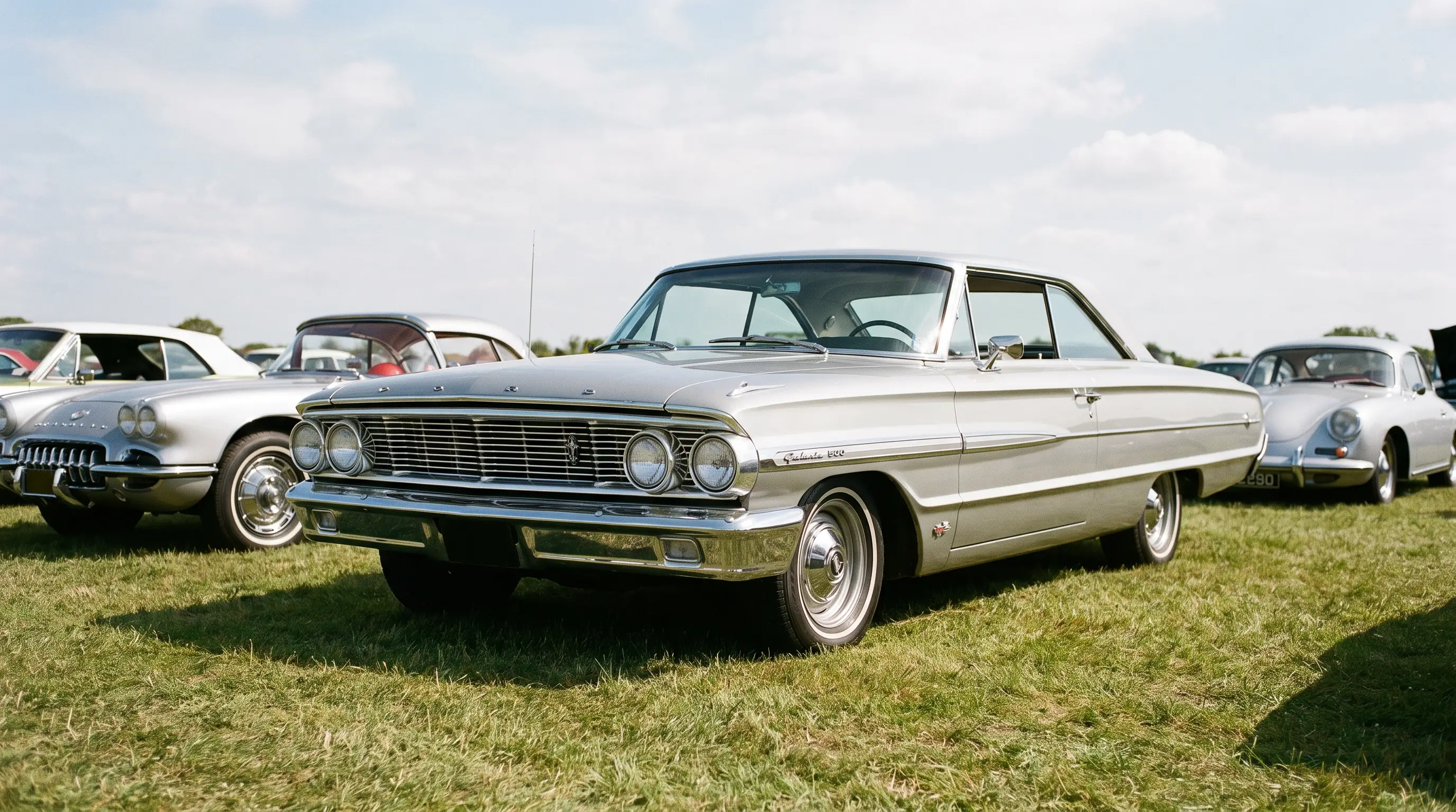 1964 Ford Galaxie in silver at a classic car club meet under bright open sky