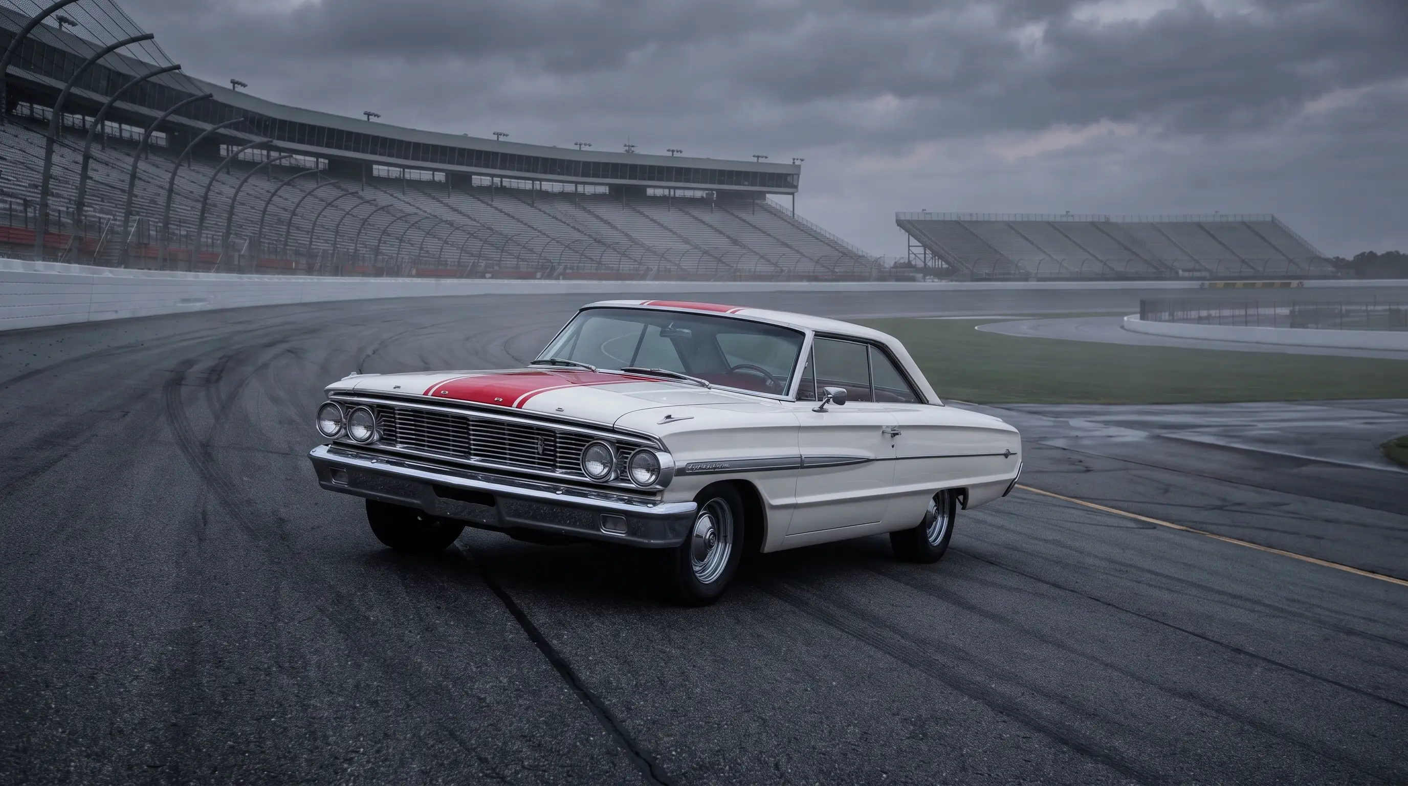 White 1964 Ford Galaxie 500 XL with red stripe on an empty NASCAR oval