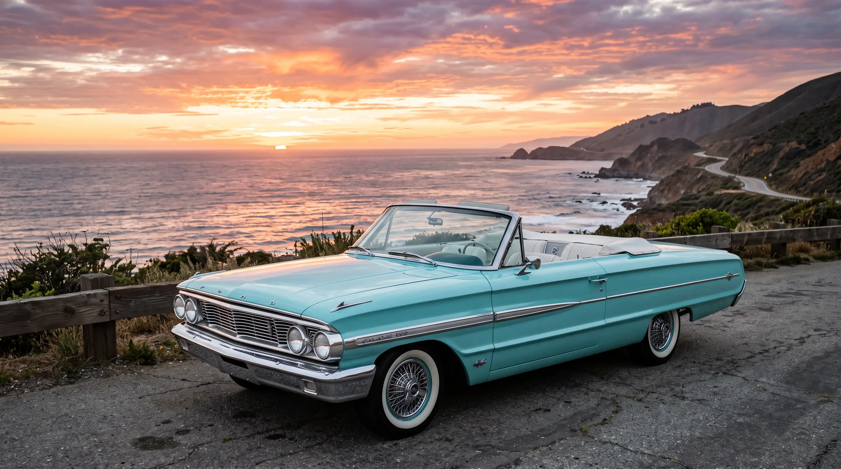1964 Ford Galaxie 500 Sunliner convertible top down on a coastal road at sunset