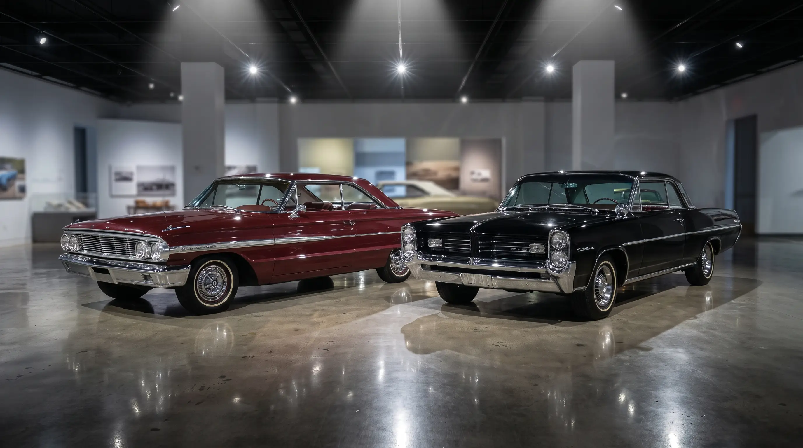 Maroon 1964 Ford Galaxie and black Pontiac Catalina side by side in a museum showroom