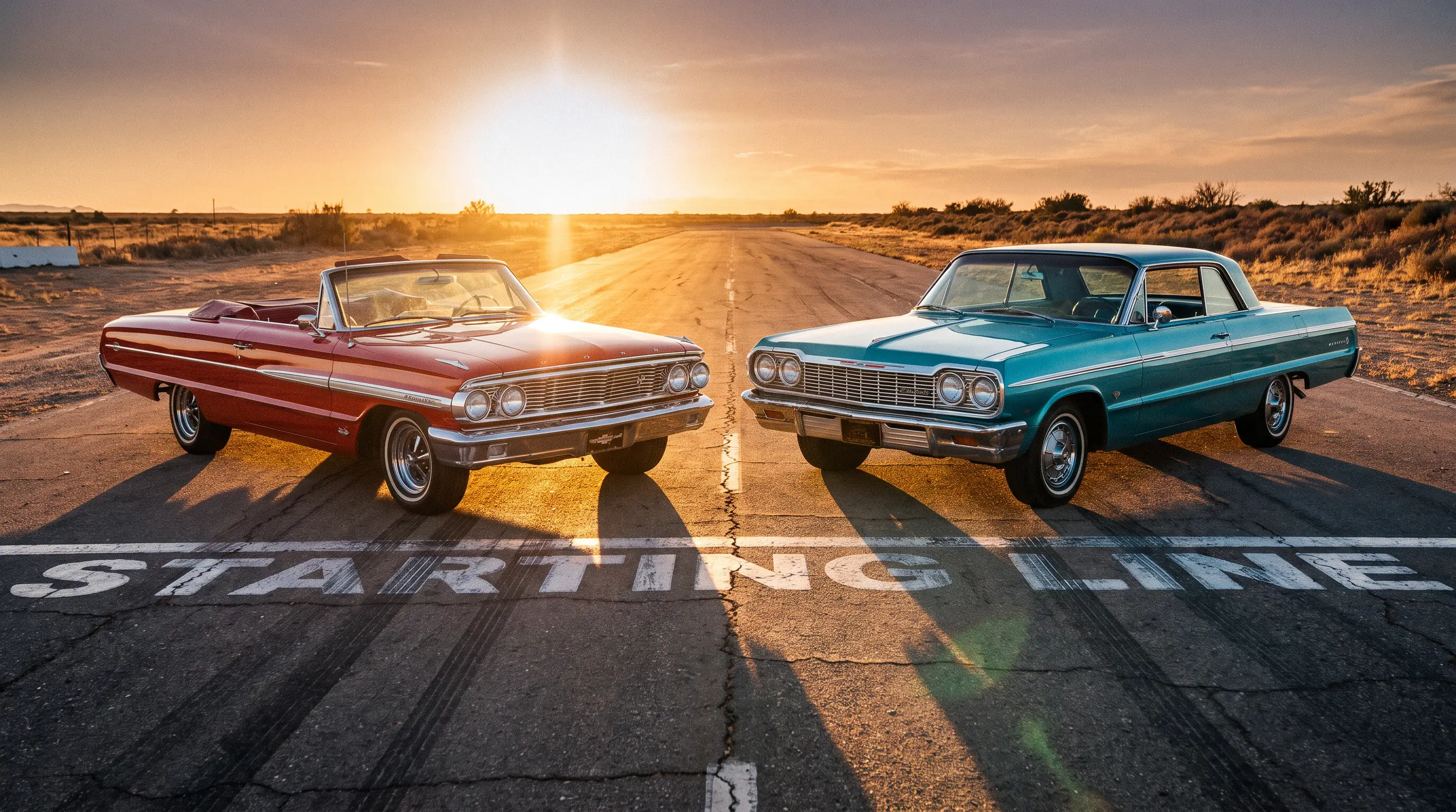 Red 1964 Ford Galaxie and turquoise Chevy Impala nose to nose on a golden hour drag strip