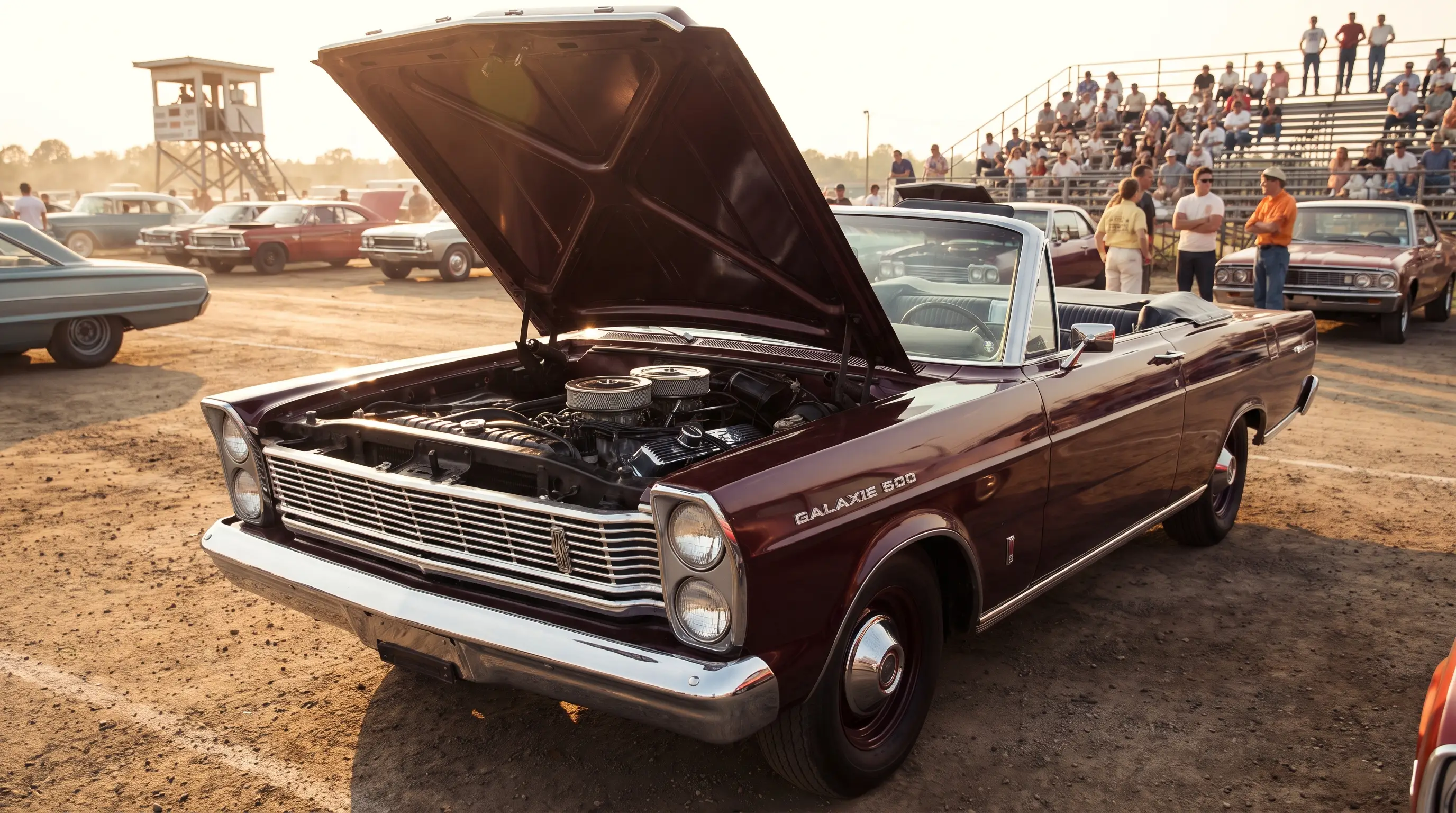 Burgundy 1965 Ford Galaxie 500 with 427 V8 hood open at a vintage drag strip