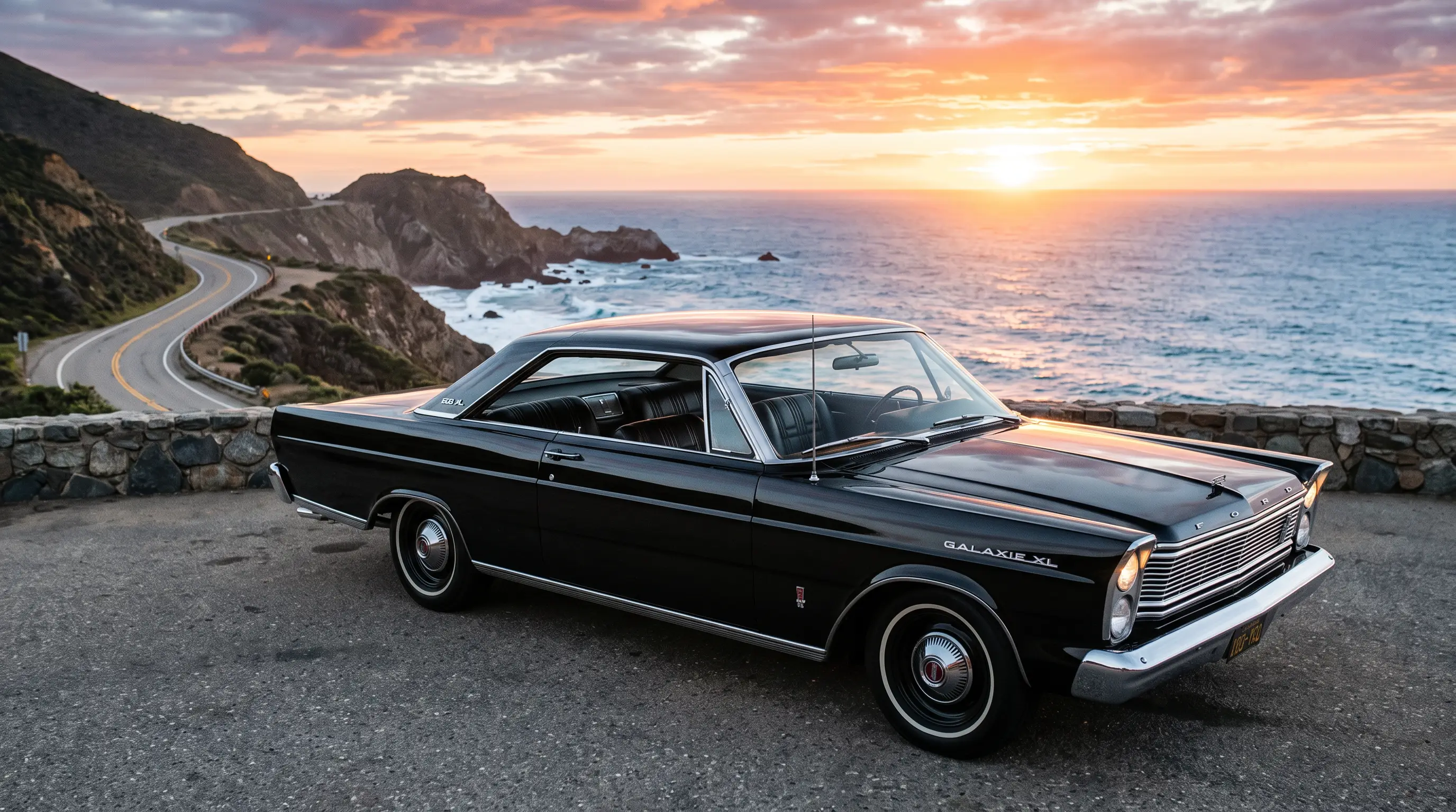 Black 1965 Ford Galaxie 500 XL with bucket seats parked at a coastal overlook sunrise