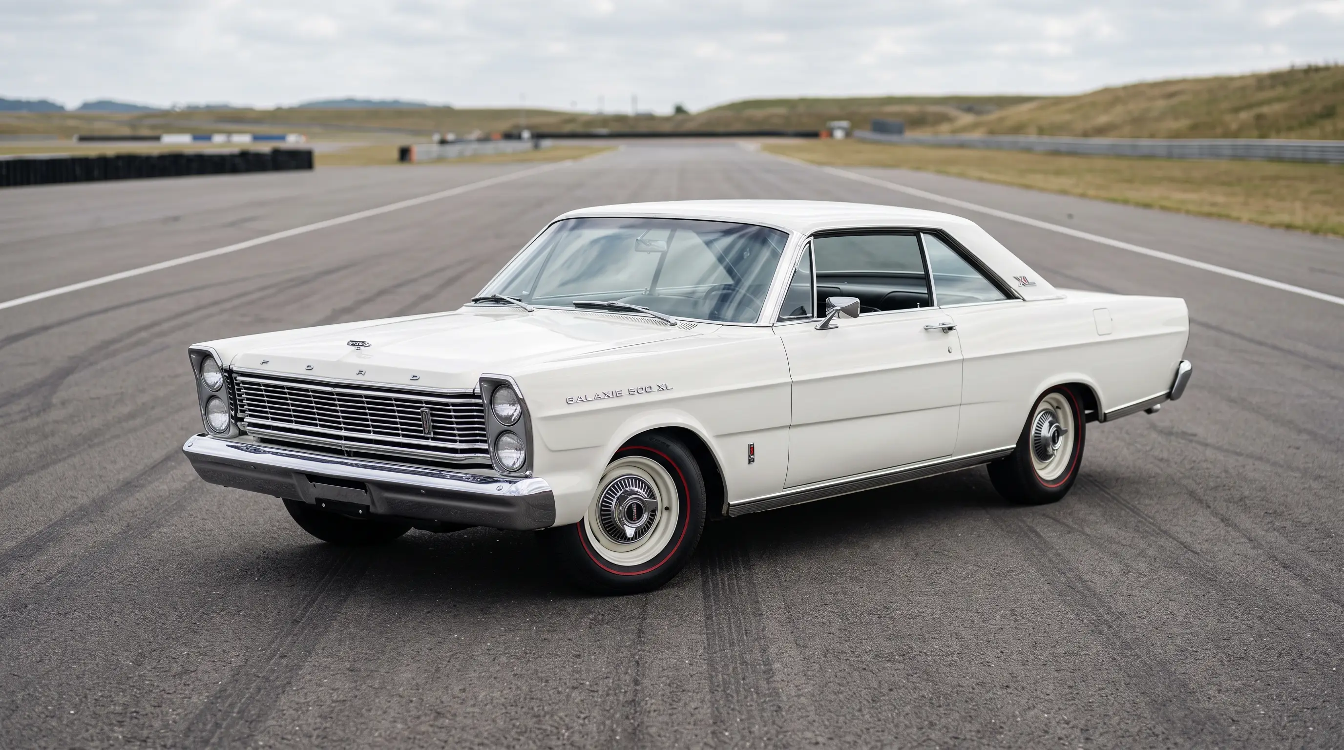 White 1965 Ford Galaxie 500 XL with new redesigned body on a wide test track