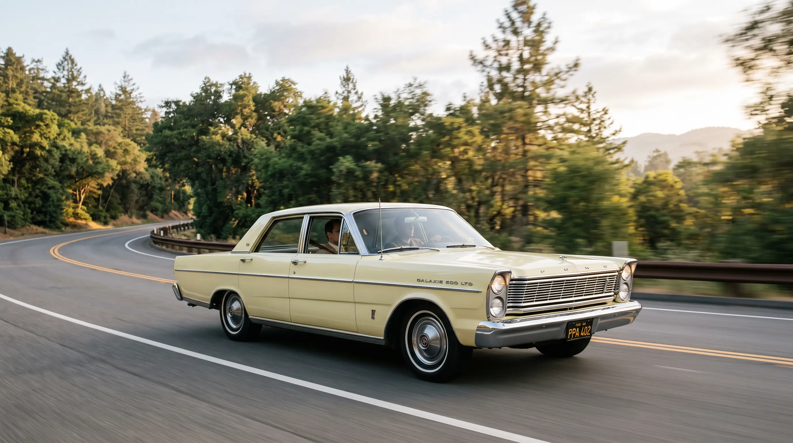 Pale yellow 1965 Ford Galaxie 500 LTD gliding down a smooth tree lined highway